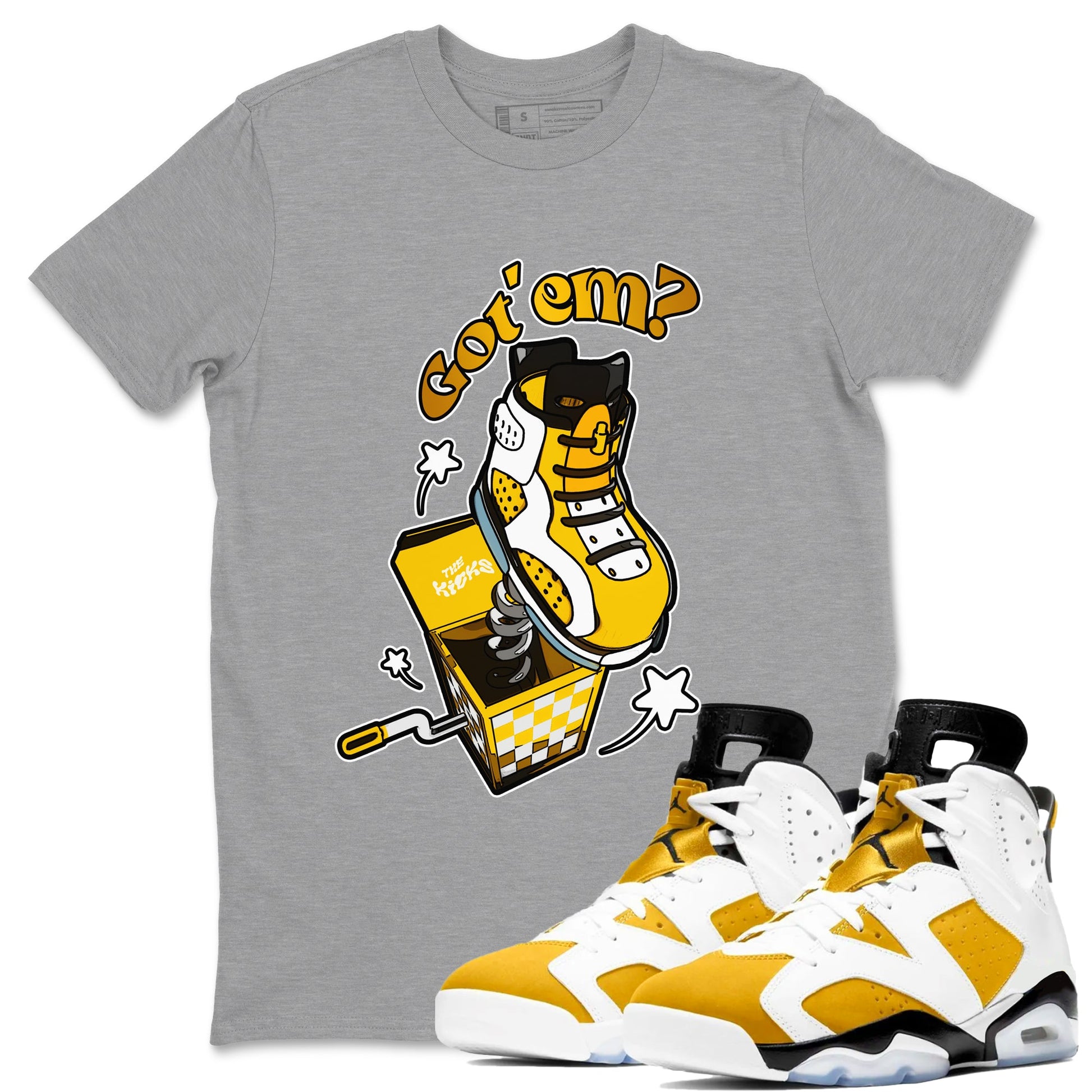Air Jordan 6 Yellow Ochre shirt to match jordans Shoe In The Box sneaker tees AJ6 Yellow Ochre SNRT Sneaker Release Tees Unisex Heather Grey 1 T-Shirt