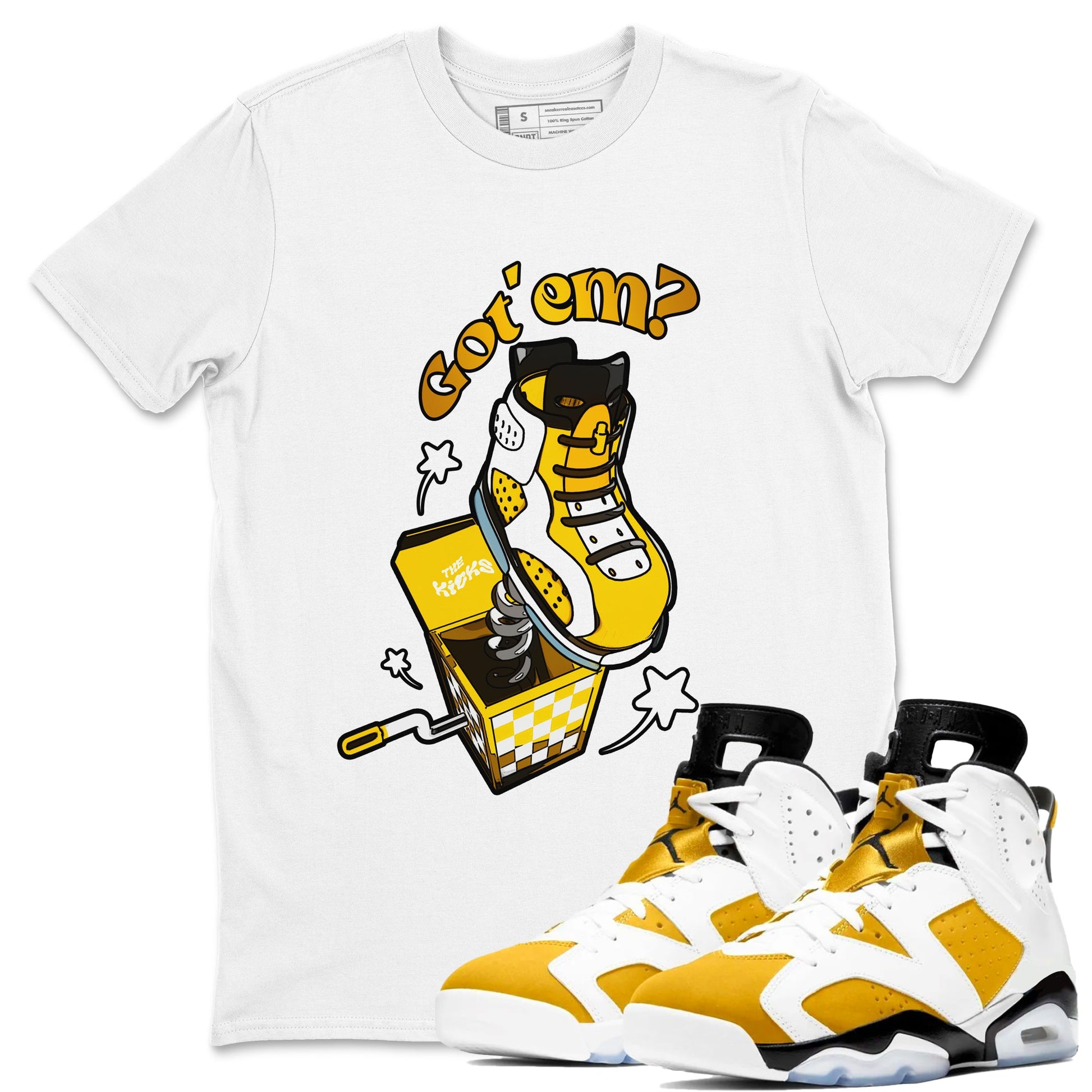 Air Jordan 6 Yellow Ochre shirt to match jordans Shoe In The Box sneaker tees AJ6 Yellow Ochre SNRT Sneaker Release Tees Unisex White 1 T-Shirt