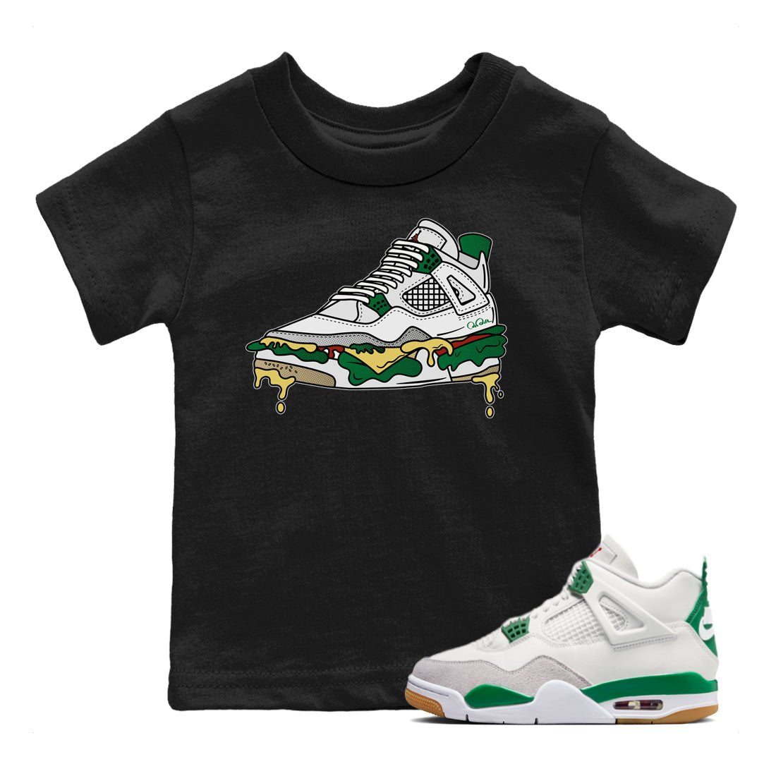 Air Jordan 4 Pine Green Sneaker Match Tees Shoe Sandwich Sneaker Tees AJ4 Pine Green Sneaker Release Tees Kids Shirts Black 1