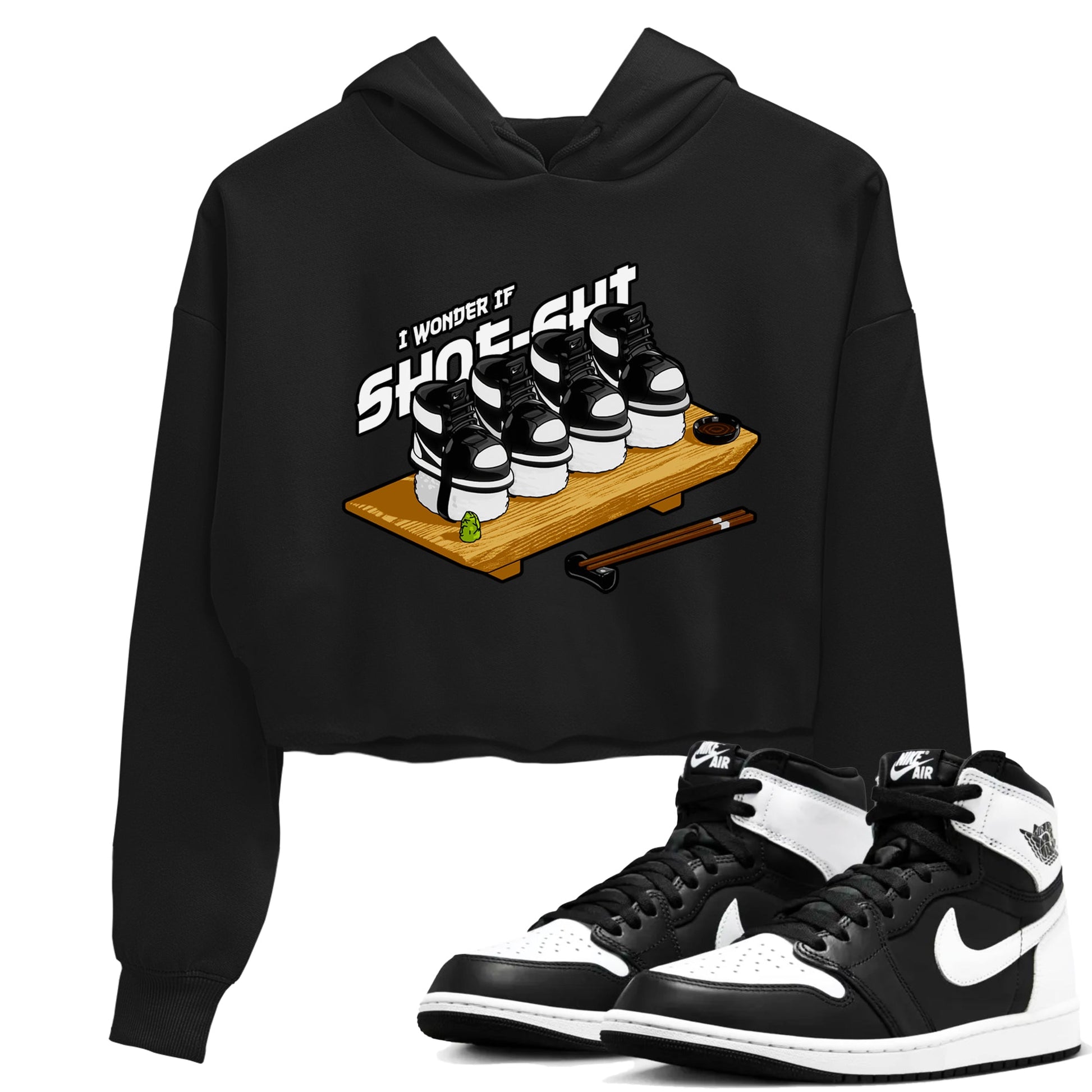 1s Black White shirt to match jordans Shoe-Shi sneaker tees Air Jordan 1 High OG Black White SNRT Sneaker Release Tees Black 1 crop length shirt