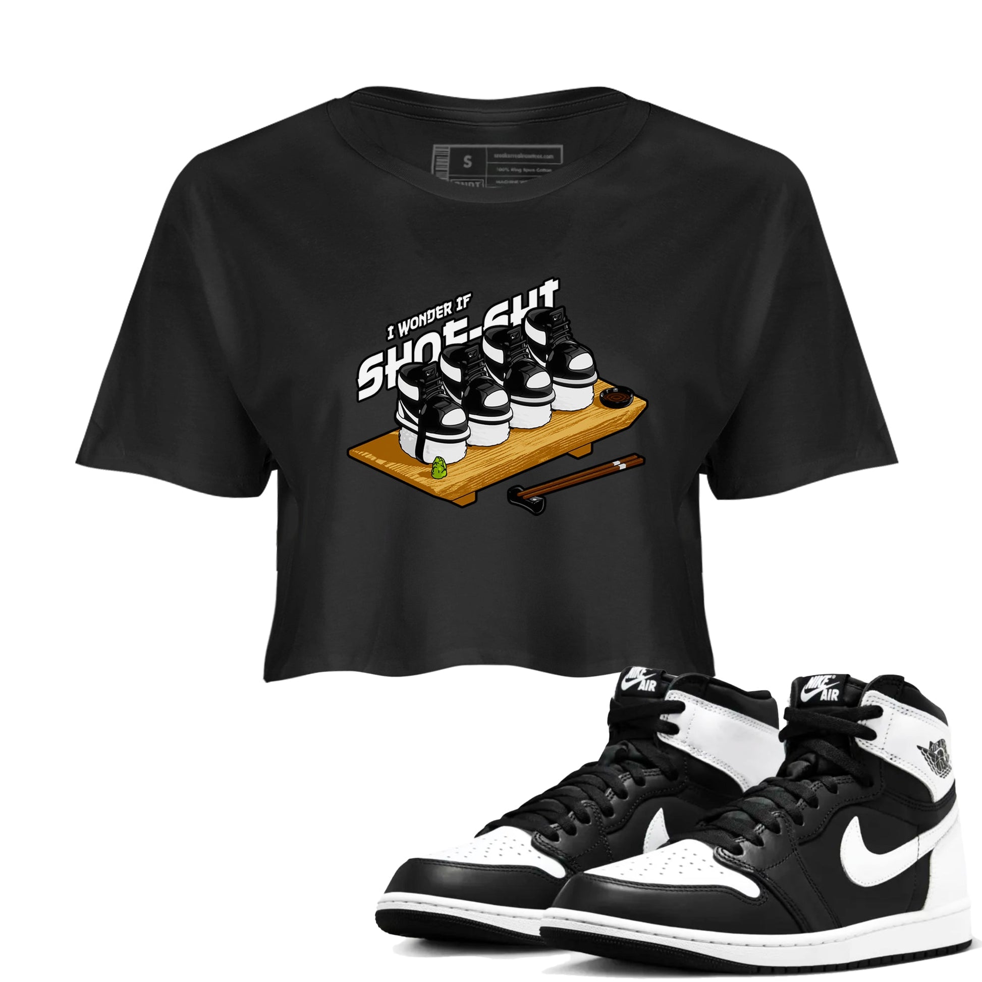 1s Black White shirt to match jordans Shoe-Shi sneaker tees Air Jordan 1 High OG Black White SNRT Sneaker Release Tees Black 1 crop length shirt