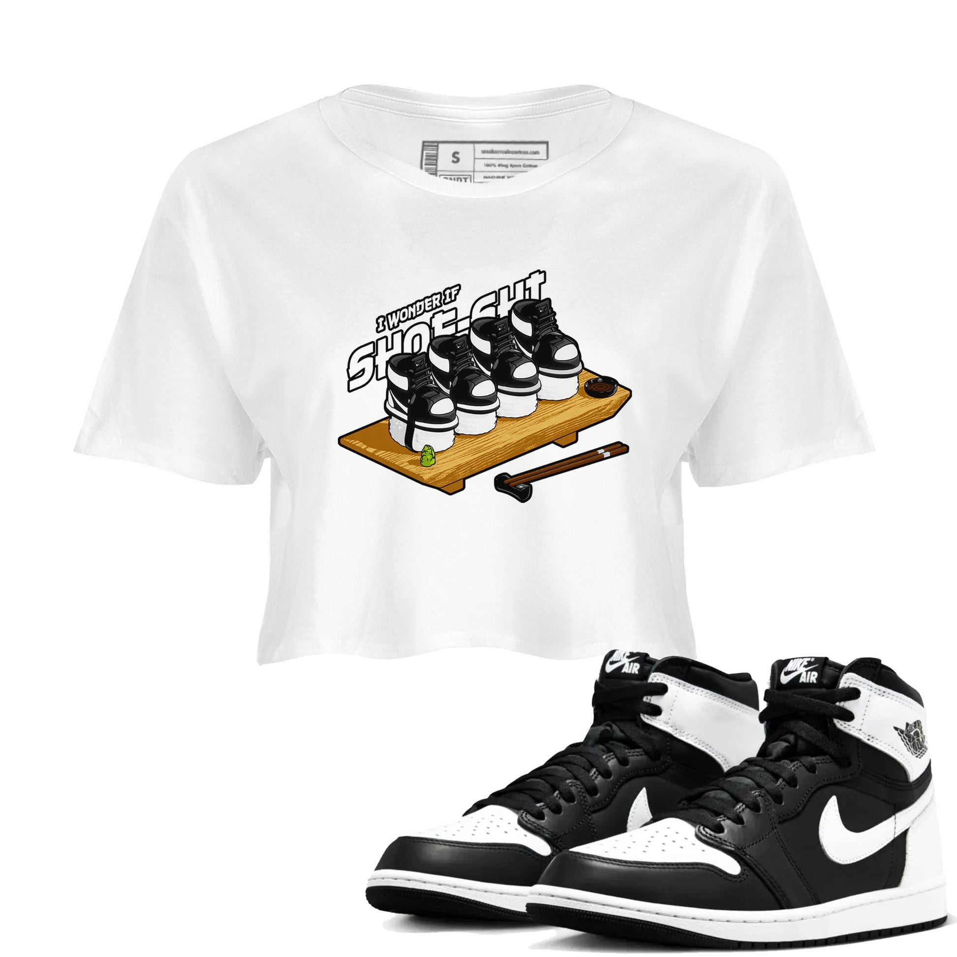 1s Black White shirt to match jordans Shoe-Shi sneaker tees Air Jordan 1 High OG Black White SNRT Sneaker Release Tees White 1 crop length shirt
