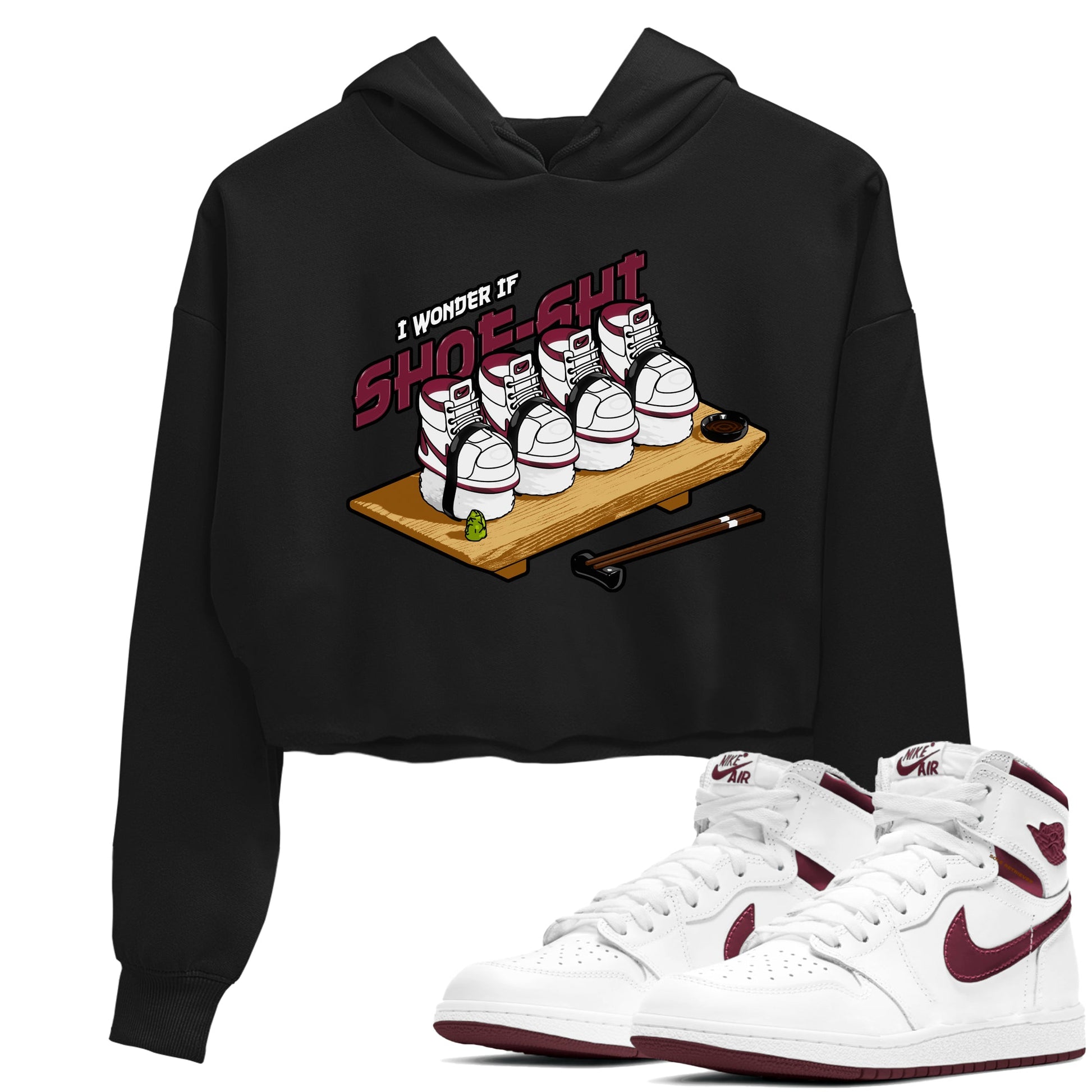 1s Metallic Burgundy shirt to match jordans Shoe-Shi sneaker tees AJ1 Metallic Burgundy SNRT Sneaker Release Tees Black 1 Crop T-Shirt