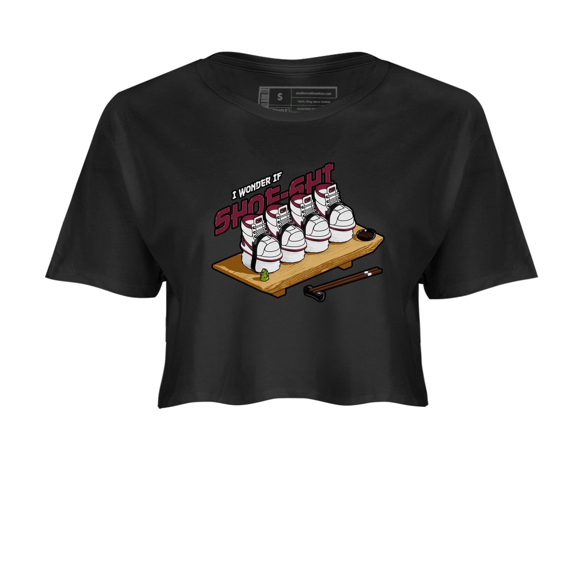 1s Metallic Burgundy shirt to match jordans Shoe-Shi sneaker tees AJ1 Metallic Burgundy SNRT Sneaker Release Tees Black 2 Crop T-Shirt