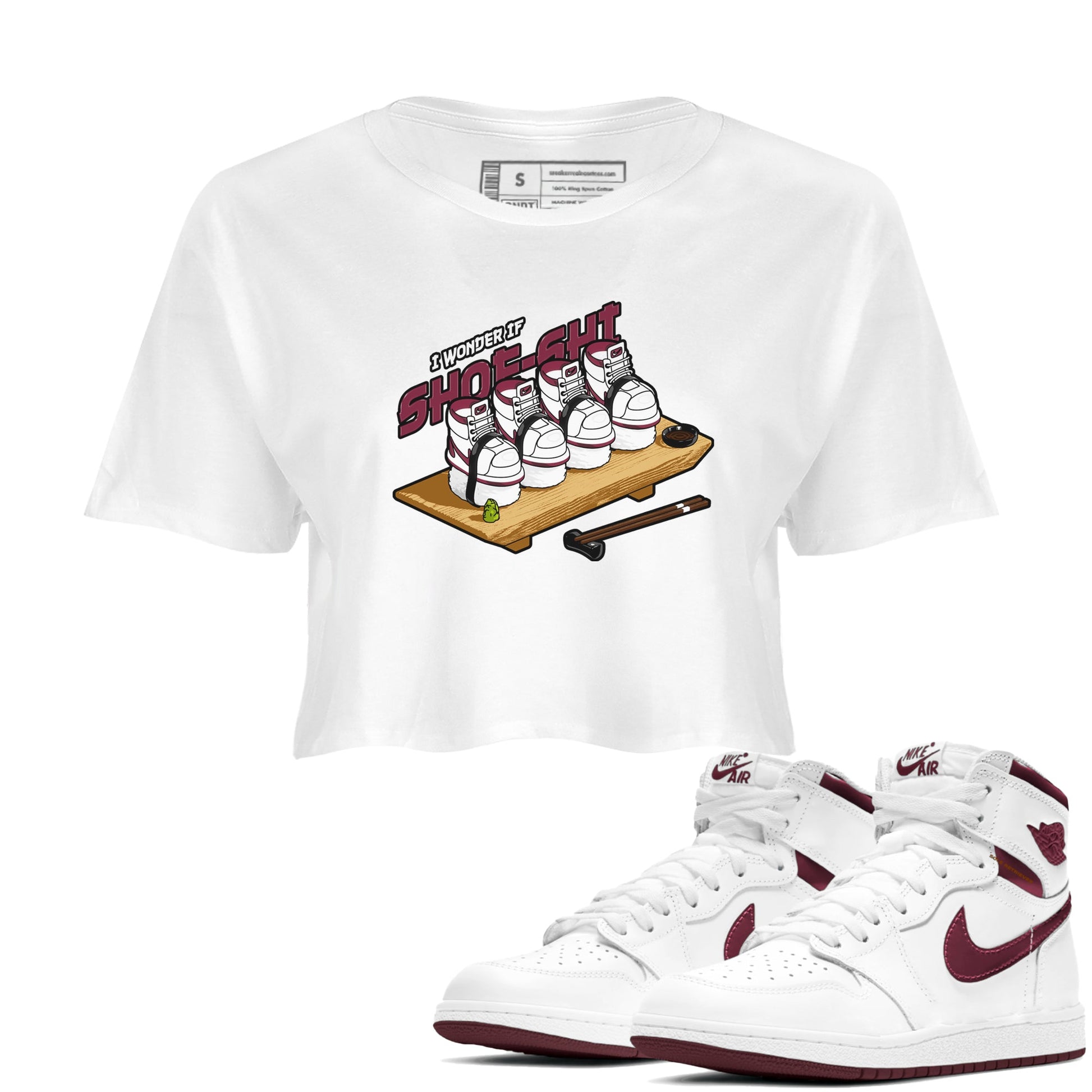1s Metallic Burgundy shirt to match jordans Shoe-Shi sneaker tees AJ1 Metallic Burgundy SNRT Sneaker Release Tees White 1 Crop T-Shirt