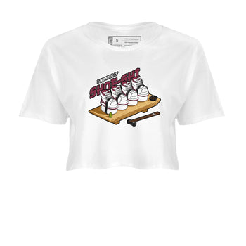 1s Metallic Burgundy shirt to match jordans Shoe-Shi sneaker tees AJ1 Metallic Burgundy SNRT Sneaker Release Tees White 2 Crop T-Shirt