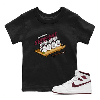 1s Metallic Burgundy shirt to match jordans Shoe-Shi sneaker tees AJ1 Metallic Burgundy SNRT Sneaker Release Tees Baby Toddler Black 1 T-Shirt