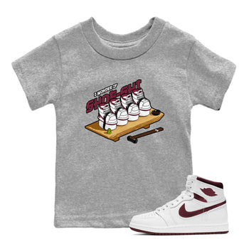 1s Metallic Burgundy shirt to match jordans Shoe-Shi sneaker tees AJ1 Metallic Burgundy SNRT Sneaker Release Tees Baby Toddler Heather Grey 1 T-Shirt