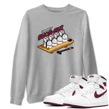 1s Metallic Burgundy shirt to match jordans Shoe-Shi sneaker tees AJ1 Metallic Burgundy SNRT Sneaker Release Tees Unisex Heather Grey 1 T-Shirt