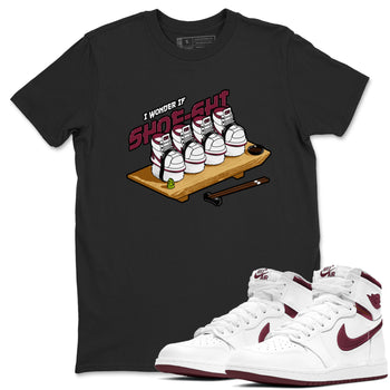 1s Metallic Burgundy shirt to match jordans Shoe-Shi sneaker tees AJ1 Metallic Burgundy SNRT Sneaker Release Tees Unisex Black 1 T-Shirt