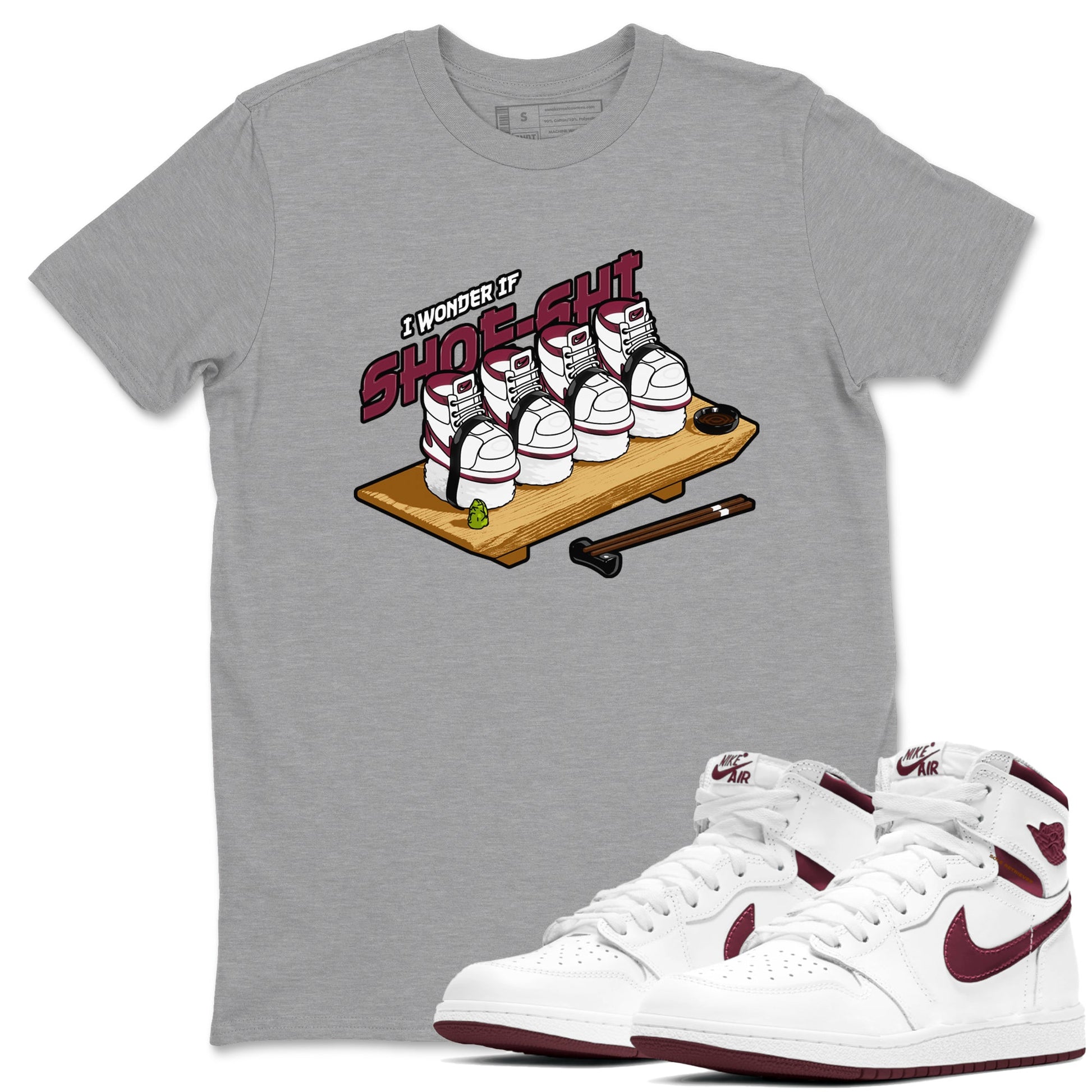 1s Metallic Burgundy shirt to match jordans Shoe-Shi sneaker tees AJ1 Metallic Burgundy SNRT Sneaker Release Tees Unisex Heather Grey 1 T-Shirt