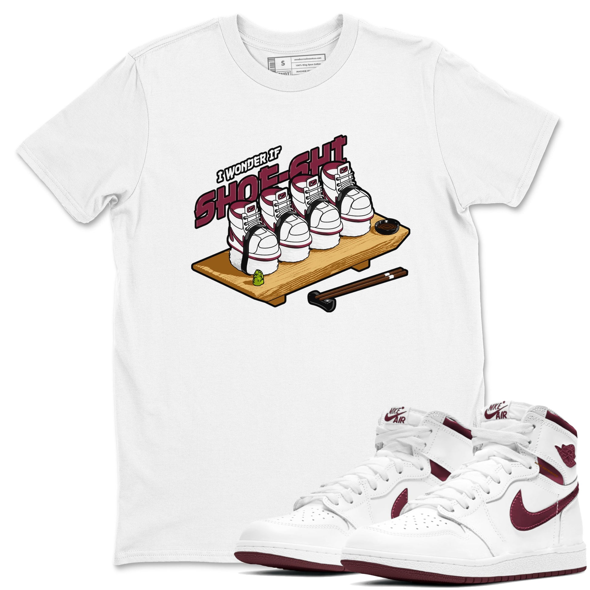 1s Metallic Burgundy shirt to match jordans Shoe-Shi sneaker tees AJ1 Metallic Burgundy SNRT Sneaker Release Tees Unisex White 1 T-Shirt