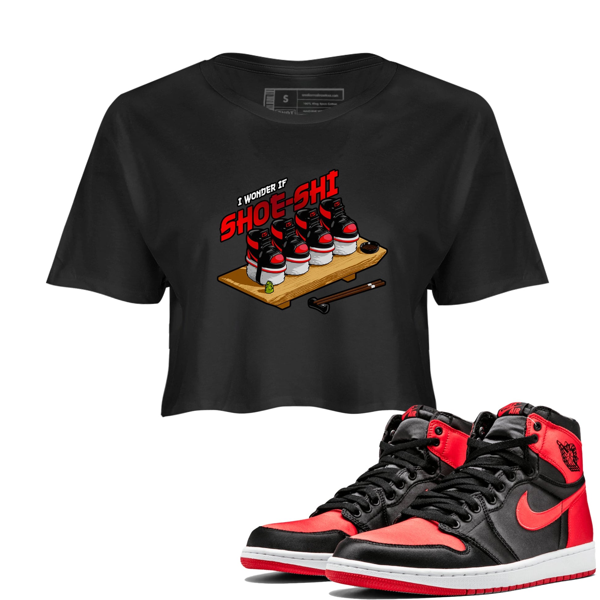 Air Jordan 1 Satin Bred shirt to match jordans Shoe-Shi sneaker tees AJ1 Satin Bred SNRT Sneaker Release Tees Black 1 Crop T-Shirt