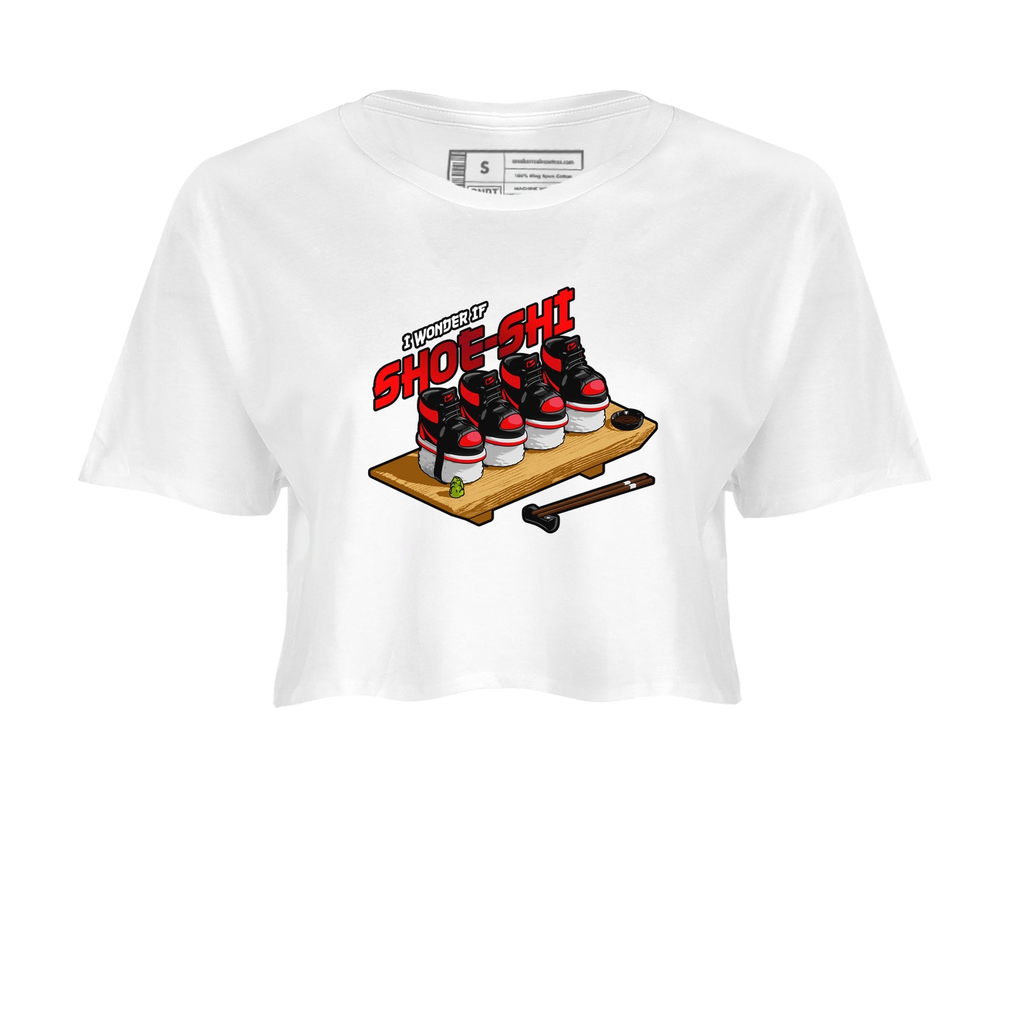 Air Jordan 1 Satin Bred shirt to match jordans Shoe-Shi sneaker tees AJ1 Satin Bred SNRT Sneaker Release Tees White 2 Crop T-Shirt