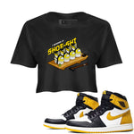 1s Yellow Ochre shirt to match jordans Shoe-Shi sneaker tees Air Jordan 1 Yellow Ochre SNRT Sneaker Release Tees Black 1 crop length shirt