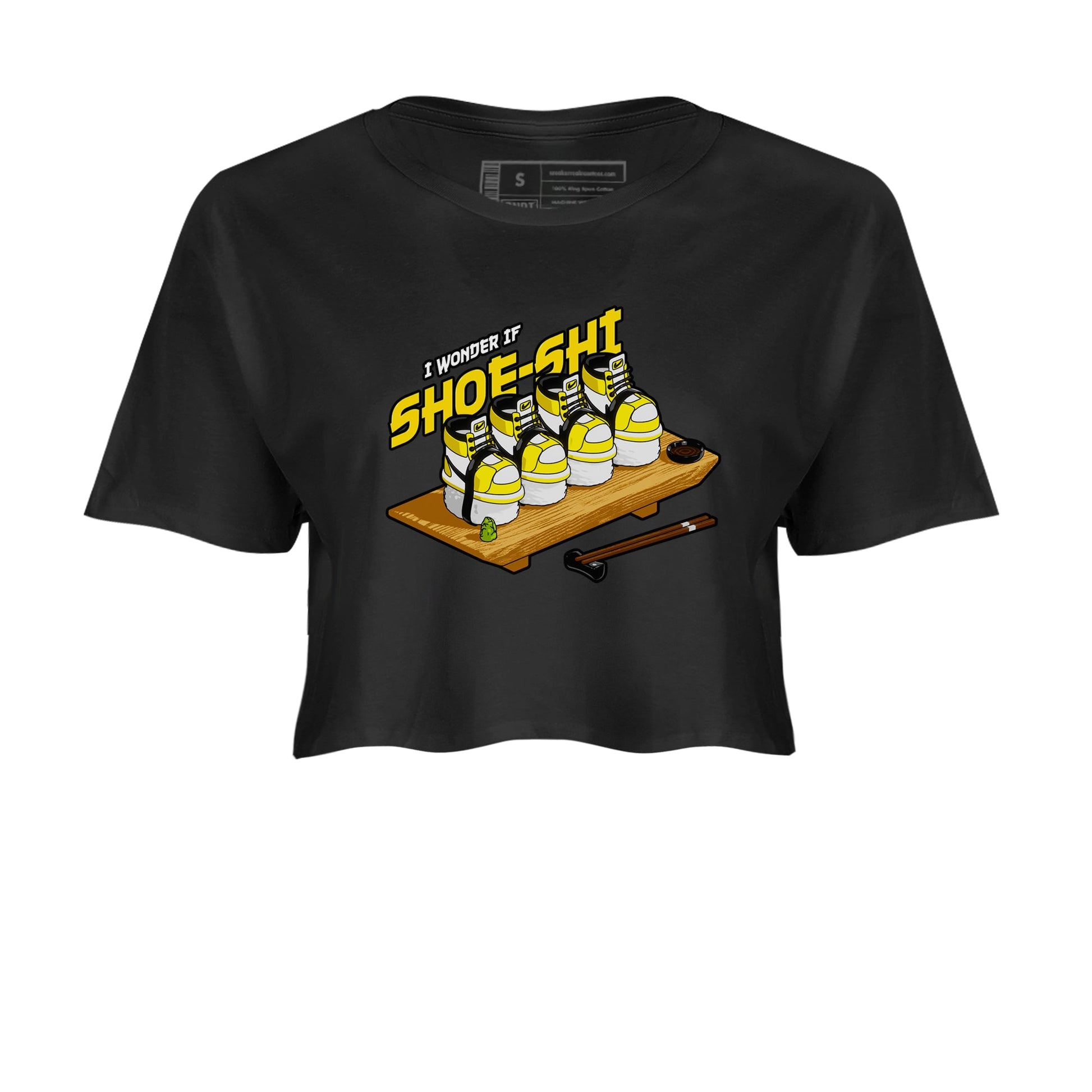 1s Yellow Ochre shirt to match jordans Shoe-Shi sneaker tees Air Jordan 1 Yellow Ochre SNRT Sneaker Release Tees Black 2 crop length shirt