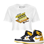 1s Yellow Ochre shirt to match jordans Shoe-Shi sneaker tees Air Jordan 1 Yellow Ochre SNRT Sneaker Release Tees White 1 crop length shirt