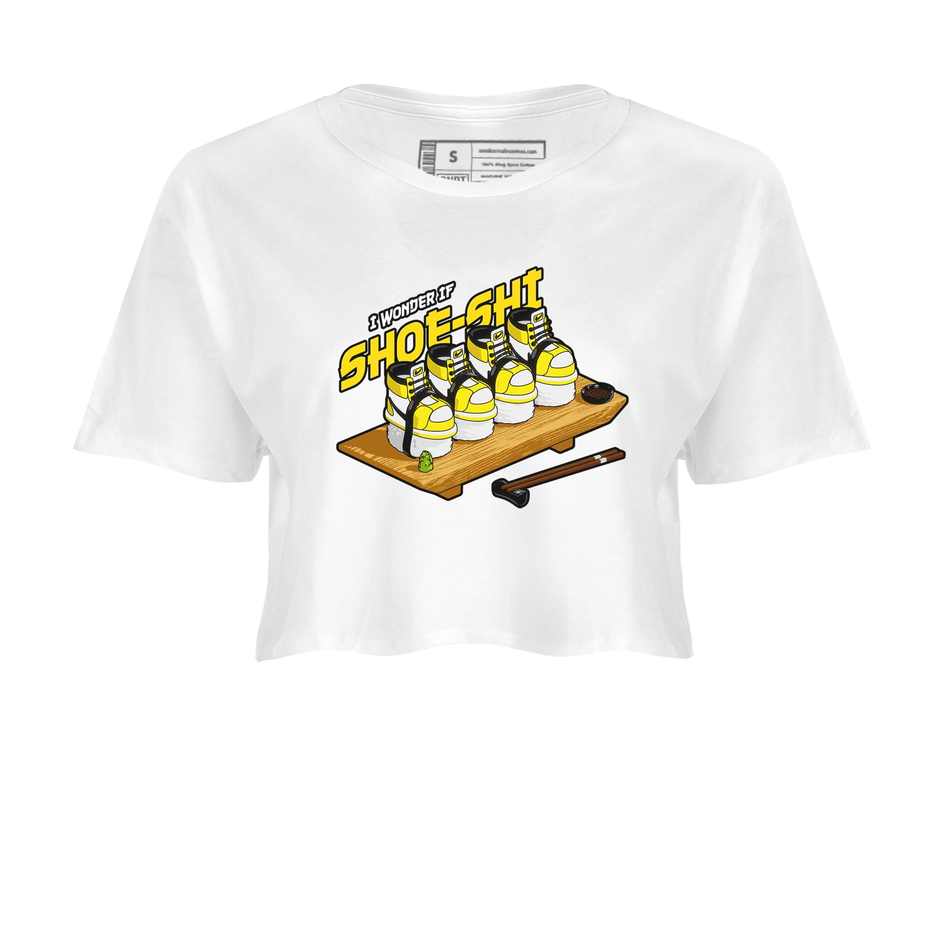 1s Yellow Ochre shirt to match jordans Shoe-Shi sneaker tees Air Jordan 1 Yellow Ochre SNRT Sneaker Release Tees White 2 crop length shirt