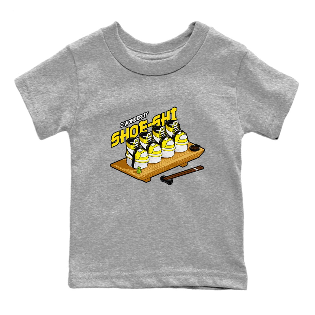 1s Yellow Ochre shirt to match jordans Shoe-Shi sneaker tees Air Jordan 1 Yellow Ochre SNRT sneaker release tees baby toddler Heather Grey 2 cotton Shirt