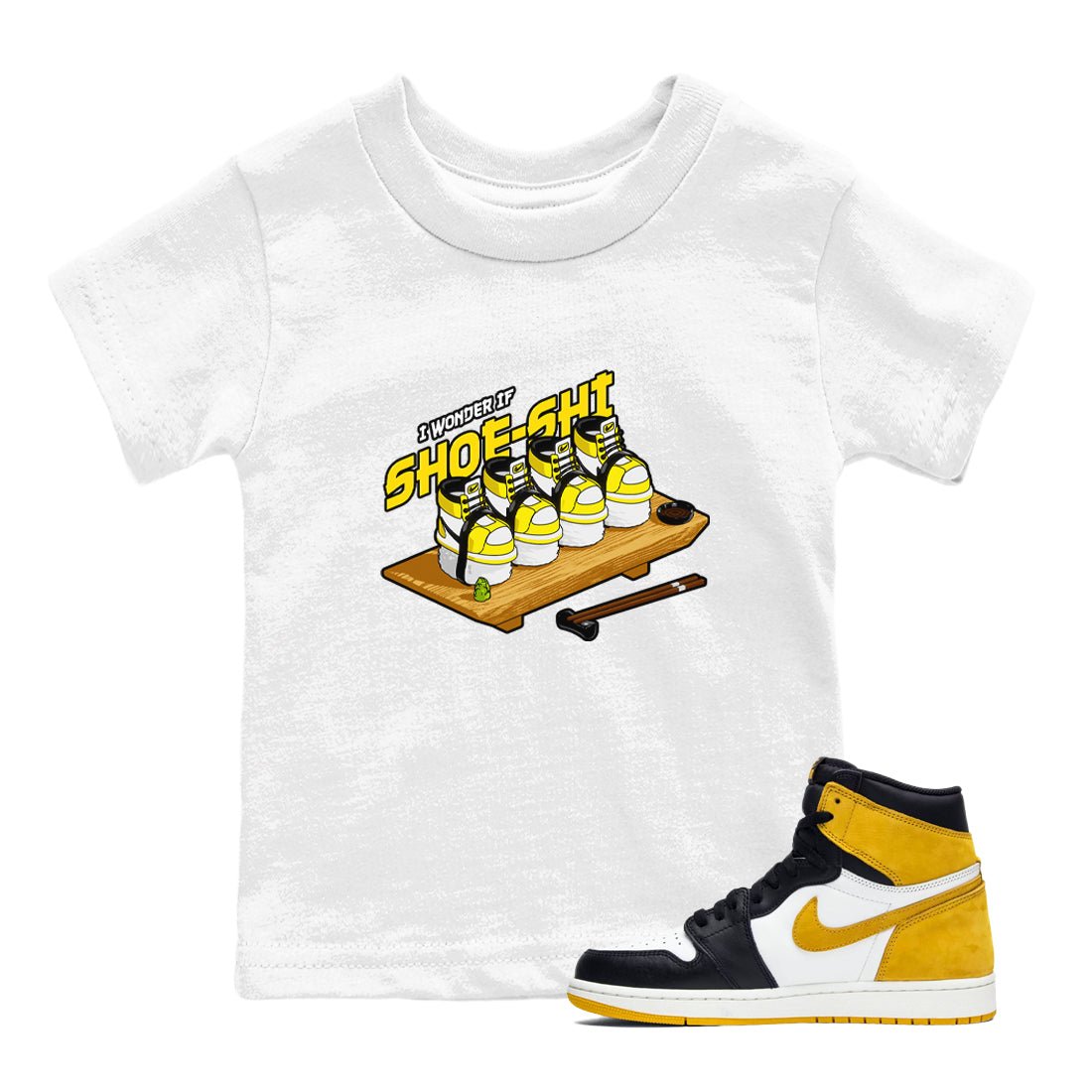 1s Yellow Ochre shirt to match jordans Shoe-Shi sneaker tees Air Jordan 1 Yellow Ochre SNRT sneaker release tees baby toddler White 1 cotton Shirt