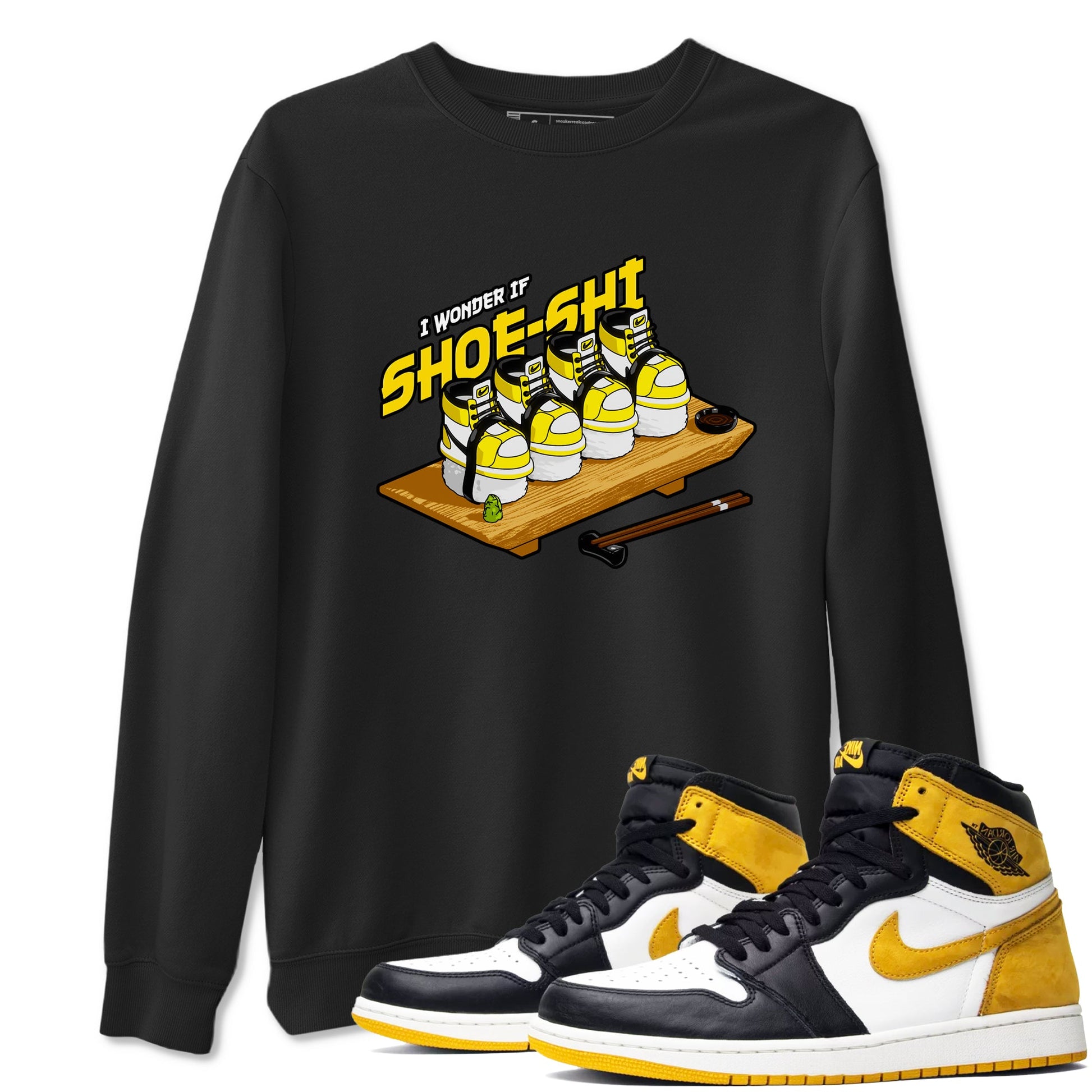 1s Yellow Ochre shirt to match jordans Shoe-Shi sneaker tees Air Jordan 1 Yellow Ochre SNRT Sneaker Release Tees unisex cotton Black 1 crew neck shirt