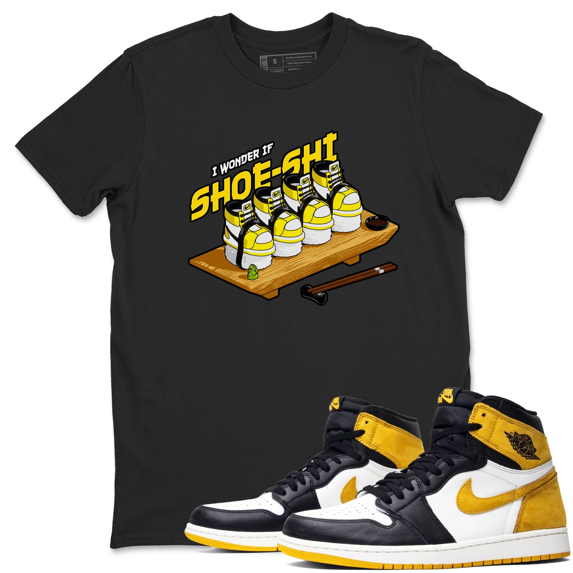 1s Yellow Ochre shirt to match jordans Shoe-Shi sneaker tees Air Jordan 1 Yellow Ochre SNRT Sneaker Release Tees unisex cotton Black 1 crew neck shirt