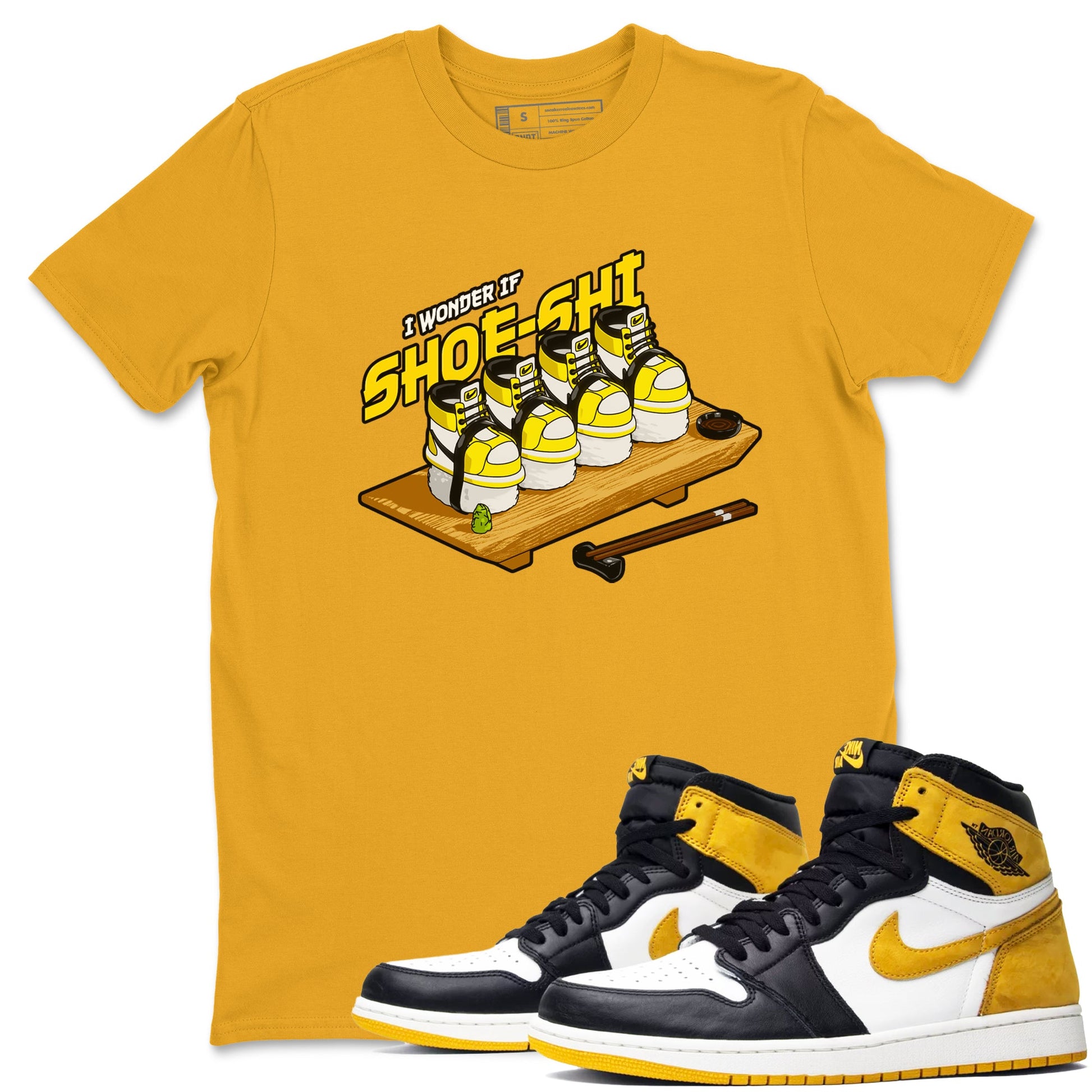 1s Yellow Ochre shirt to match jordans Shoe-Shi sneaker tees Air Jordan 1 Yellow Ochre SNRT Sneaker Release Tees unisex cotton Gold 1 crew neck shirt