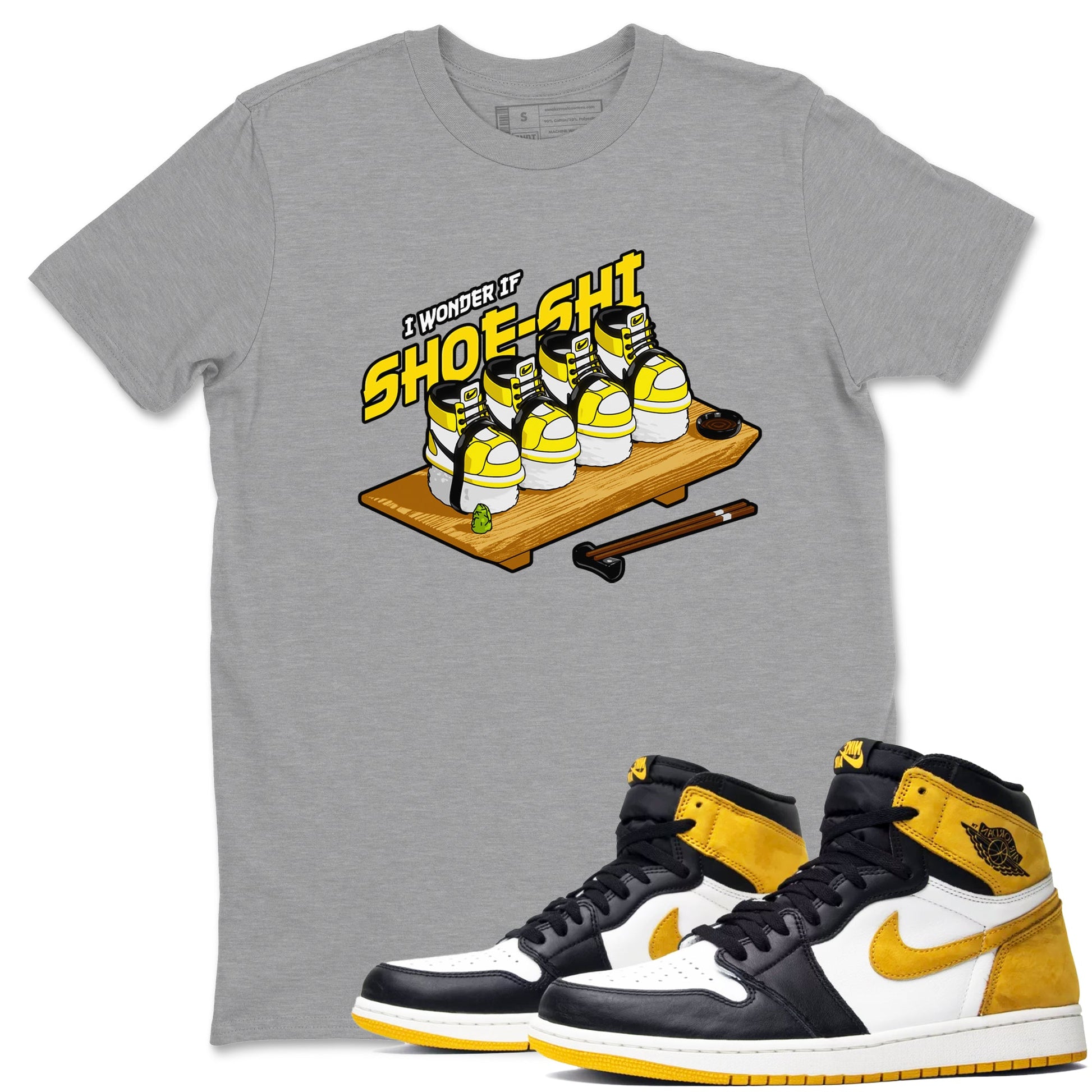 1s Yellow Ochre shirt to match jordans Shoe-Shi sneaker tees Air Jordan 1 Yellow Ochre SNRT Sneaker Release Tees unisex cotton Heather Grey 1 crew neck shirt