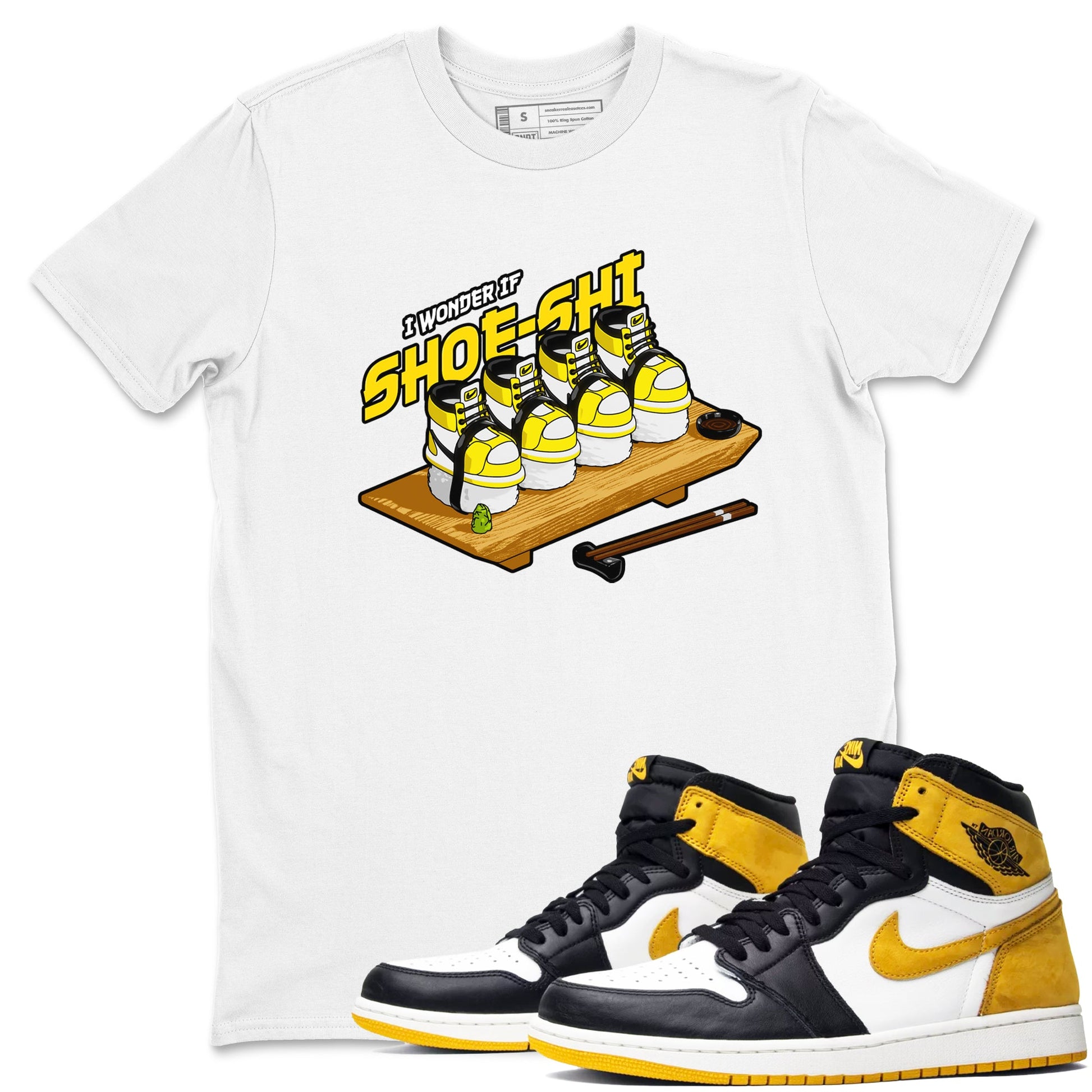 1s Yellow Ochre shirt to match jordans Shoe-Shi sneaker tees Air Jordan 1 Yellow Ochre SNRT Sneaker Release Tees unisex cotton White 1 crew neck shirt