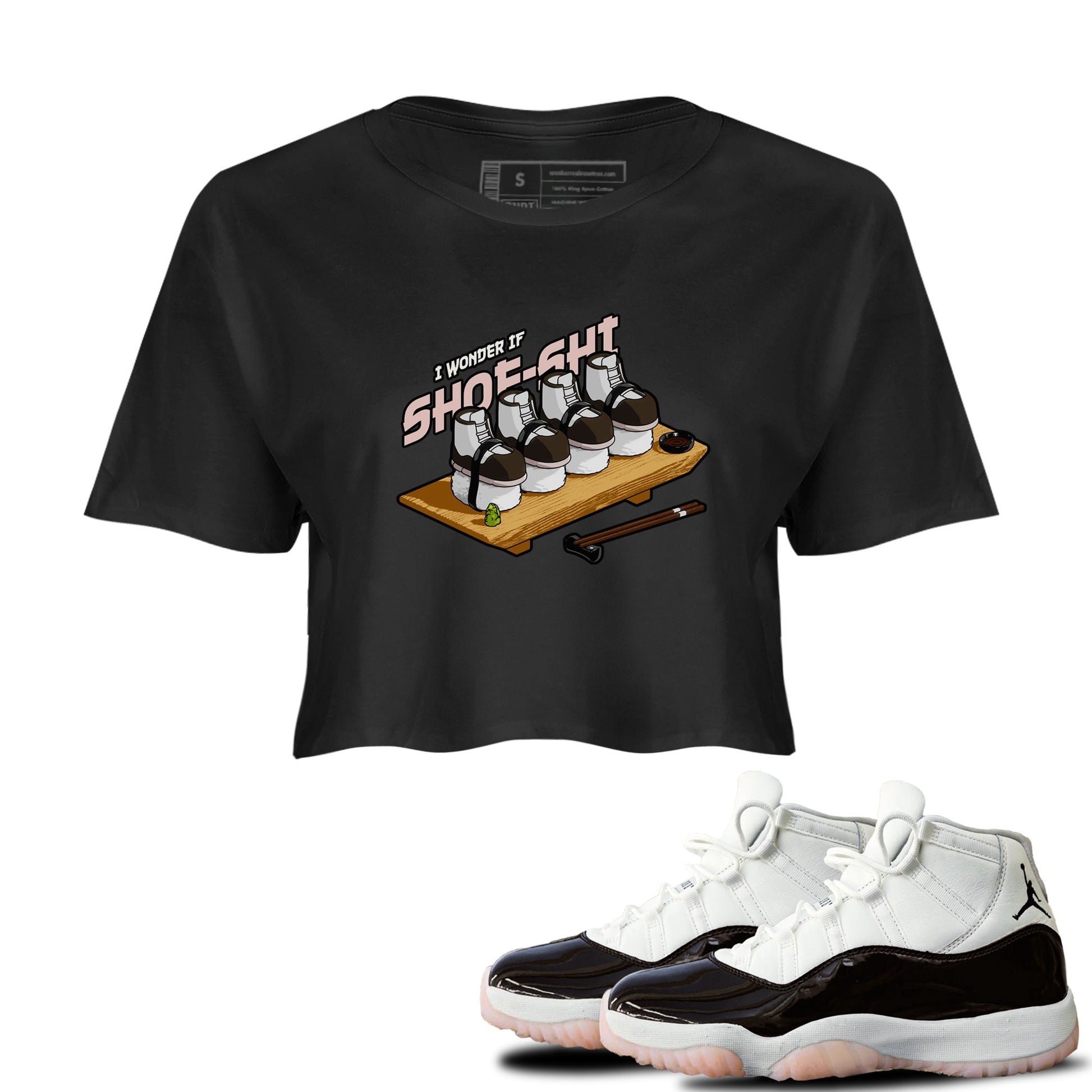 Air Jordan 11 Neapolitan shirt to match jordans Shoe-Shi sneaker tees AJ11 Neapolitan SNRT Sneaker Release Tees Black 1 Crop T-Shirt
