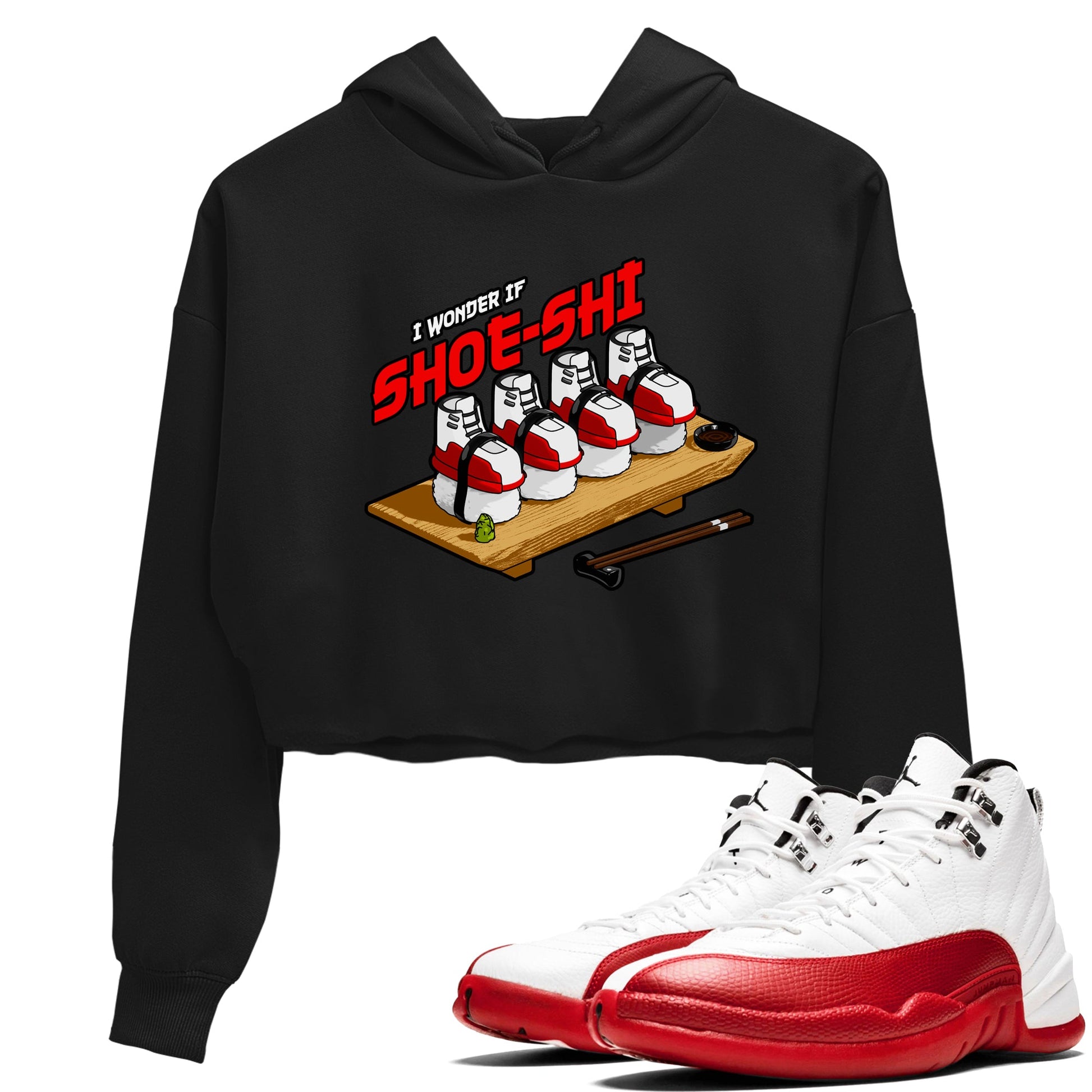Air Jordan 12 Cherry shirt to match jordans Shoe-Shi sneaker tees AJ12 Cherry SNRT Sneaker Release Tees Black 1 Crop T-Shirt