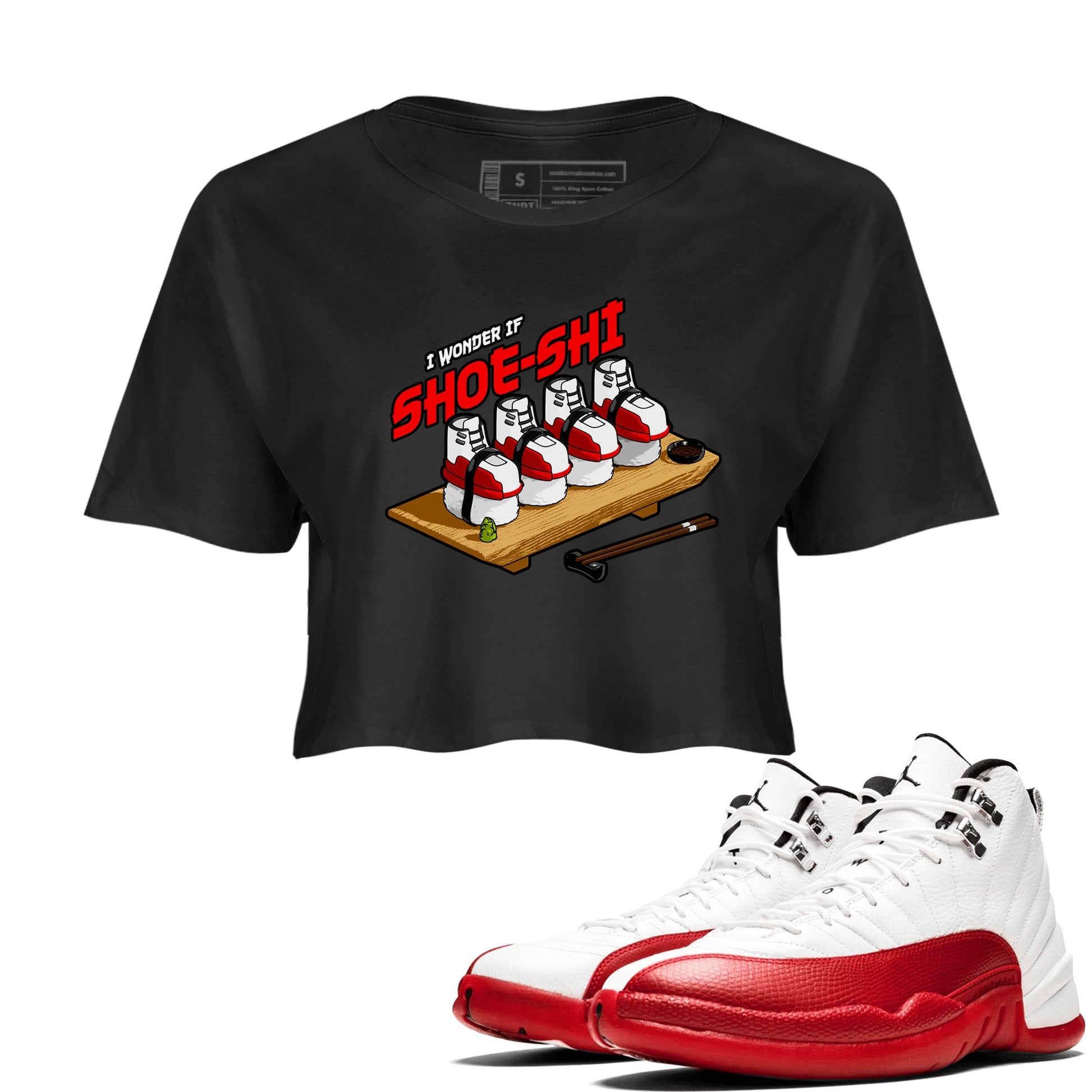 Air Jordan 12 Cherry shirt to match jordans Shoe-Shi sneaker tees AJ12 Cherry SNRT Sneaker Release Tees Black 1 Crop T-Shirt