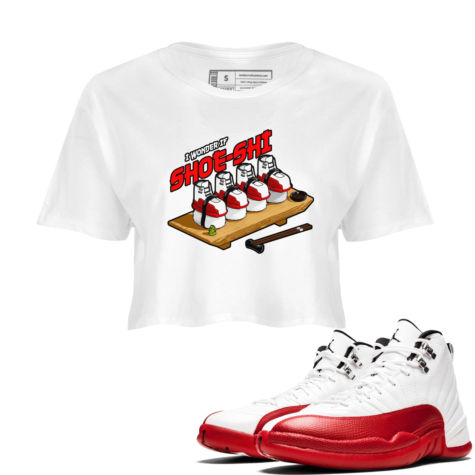 Air Jordan 12 Cherry shirt to match jordans Shoe-Shi sneaker tees AJ12 Cherry SNRT Sneaker Release Tees White 1 Crop T-Shirt