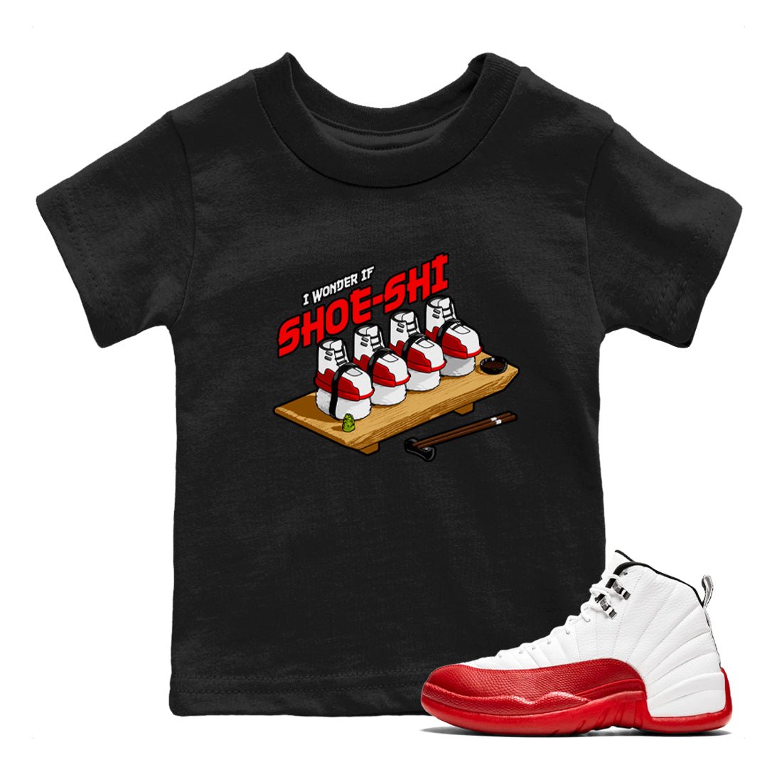 Air Jordan 12 Cherry shirt to match jordans Shoe-Shi sneaker tees AJ12 Cherry SNRT Sneaker Release Tees Baby Toddler Black 1 T-Shirt