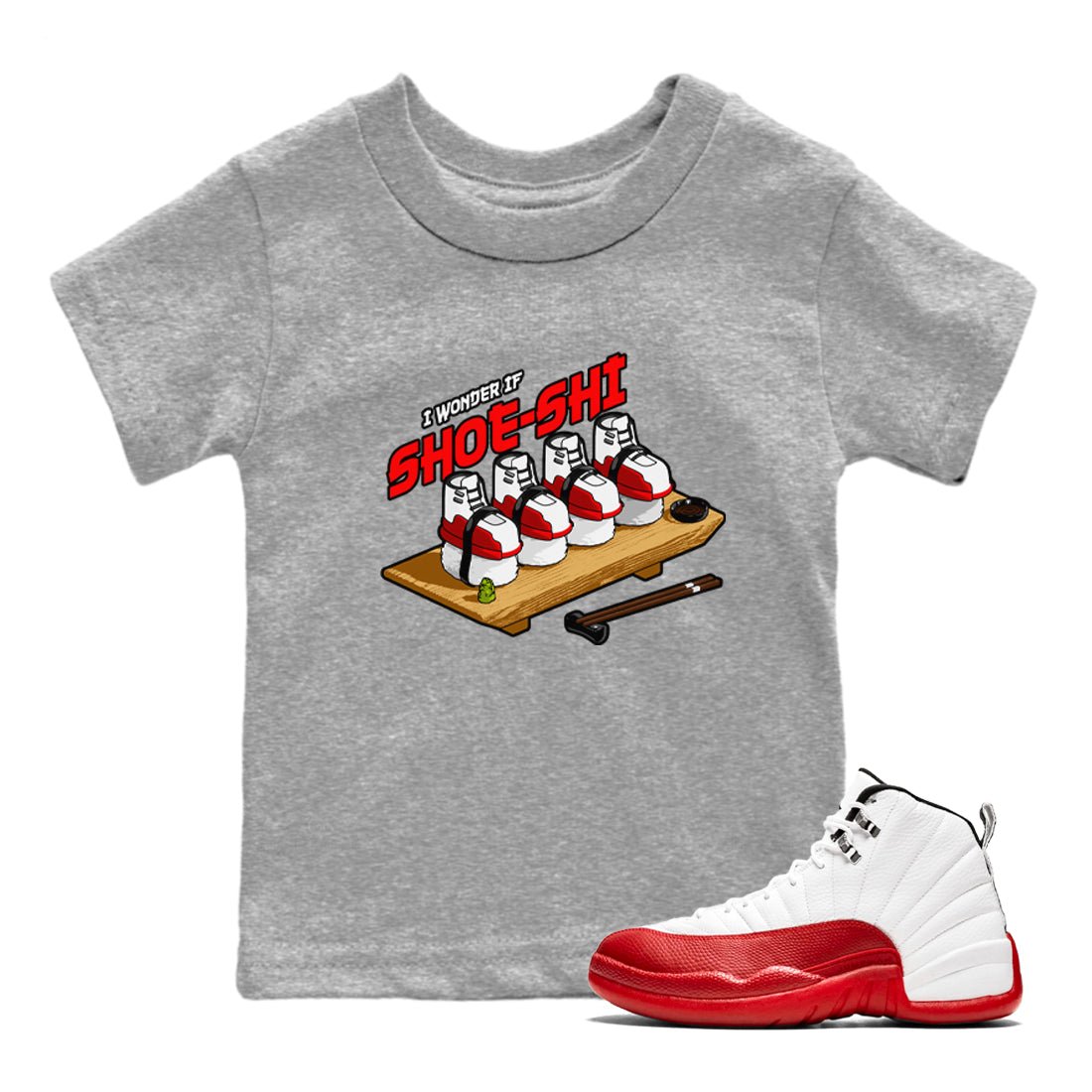 Air Jordan 12 Cherry shirt to match jordans Shoe-Shi sneaker tees AJ12 Cherry SNRT Sneaker Release Tees Baby Toddler Heather Grey 1 T-Shirt