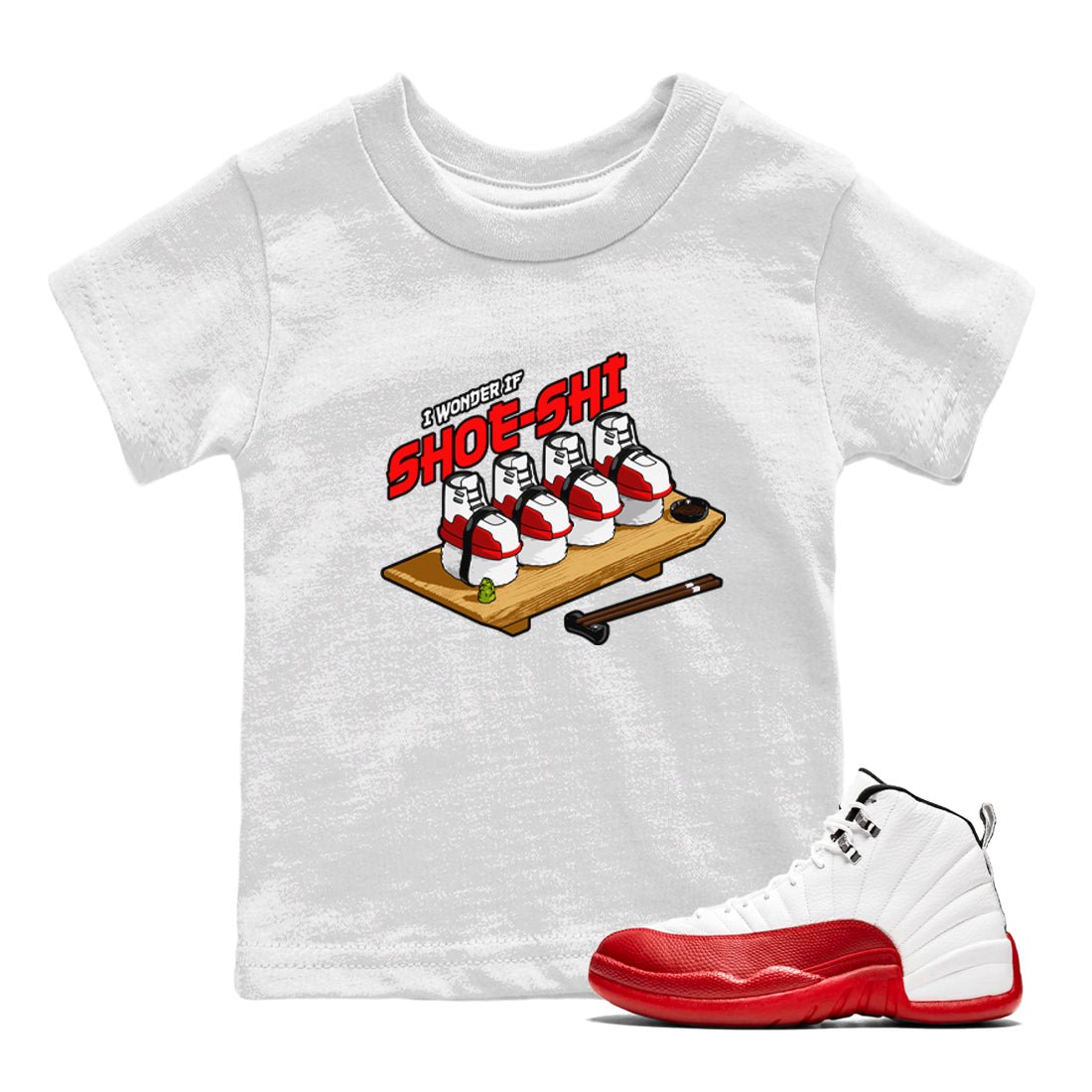 Air Jordan 12 Cherry shirt to match jordans Shoe-Shi sneaker tees AJ12 Cherry SNRT Sneaker Release Tees Baby Toddler White 1 T-Shirt