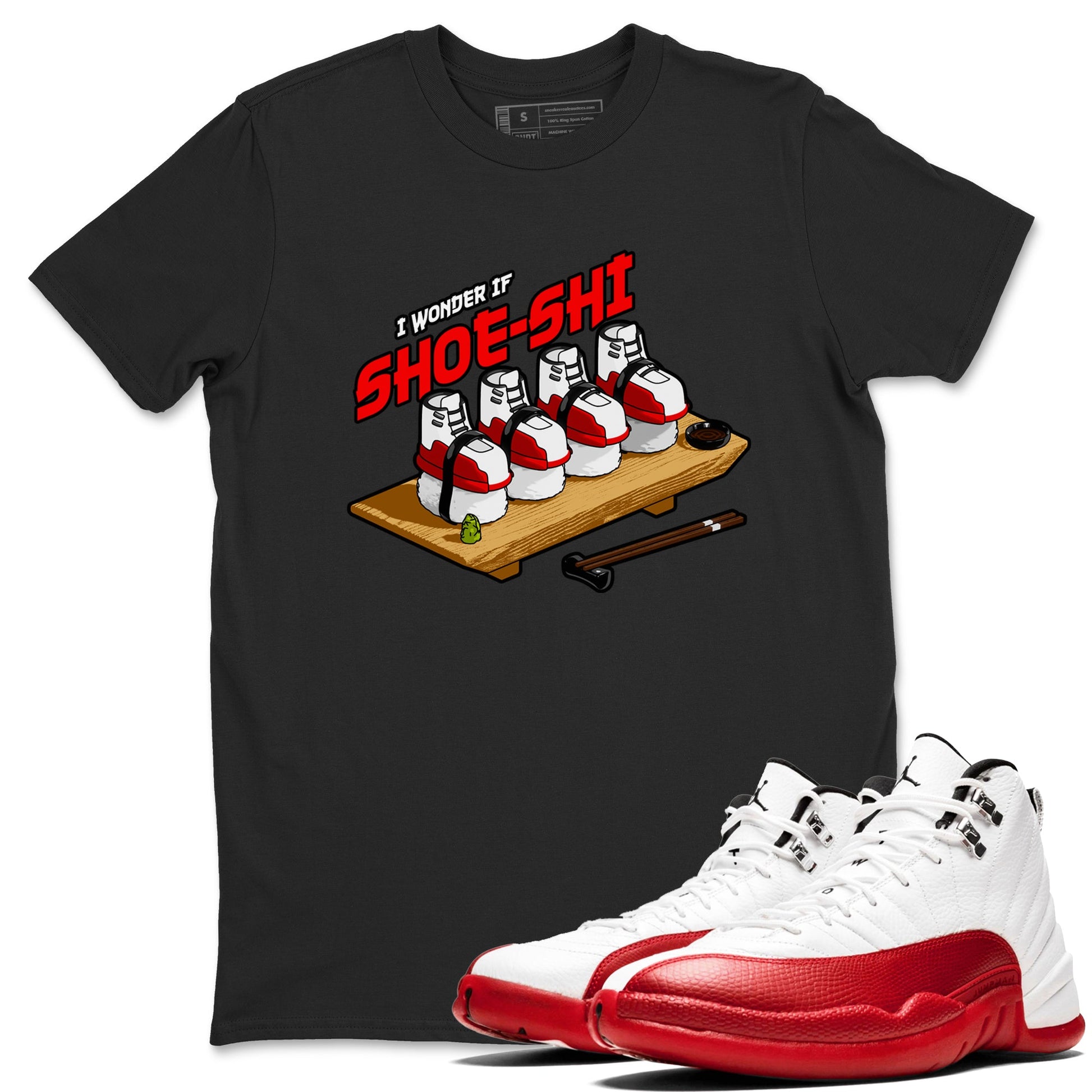 Air Jordan 12 Cherry shirt to match jordans Shoe-Shi sneaker tees AJ12 Cherry SNRT Sneaker Release Tees Unisex Black 1 T-Shirt