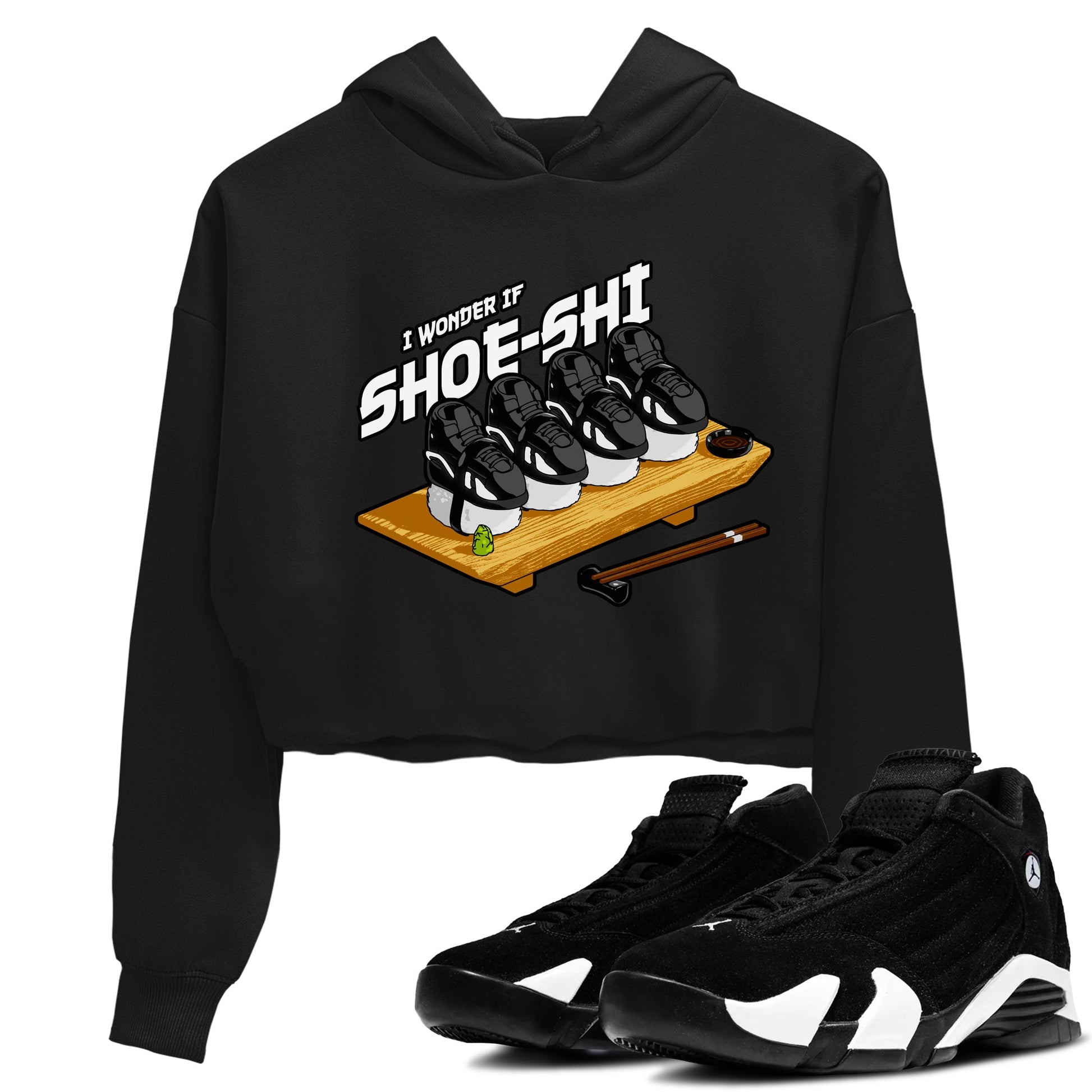 Air Jordan 14 Panda shirt to match jordans Shoe-Shi sneaker tees AJ14 Panda SNRT Sneaker Release Tees Black 1 crop length shirt