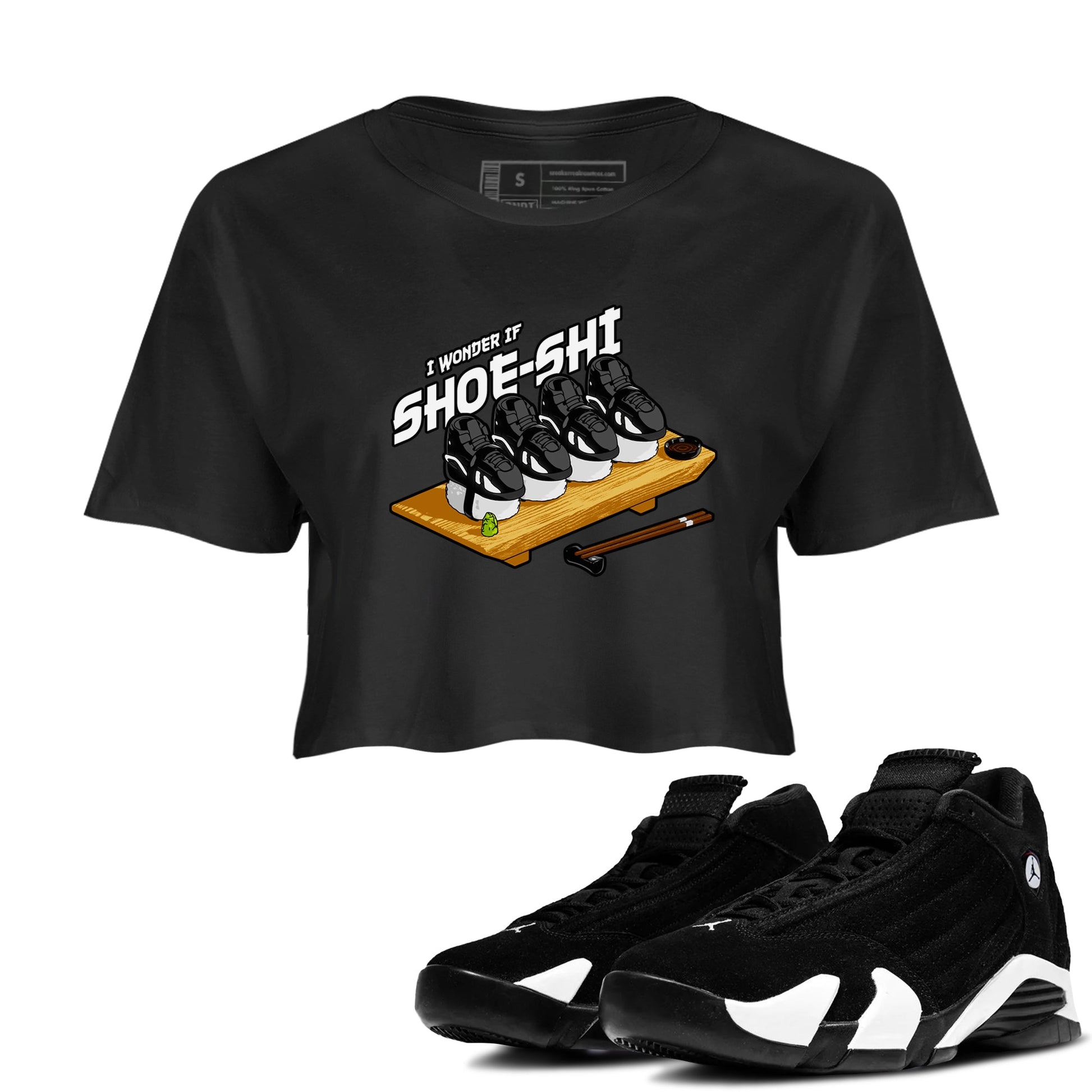 Air Jordan 14 Panda shirt to match jordans Shoe-Shi sneaker tees AJ14 Panda SNRT Sneaker Release Tees Black 1 crop length shirt
