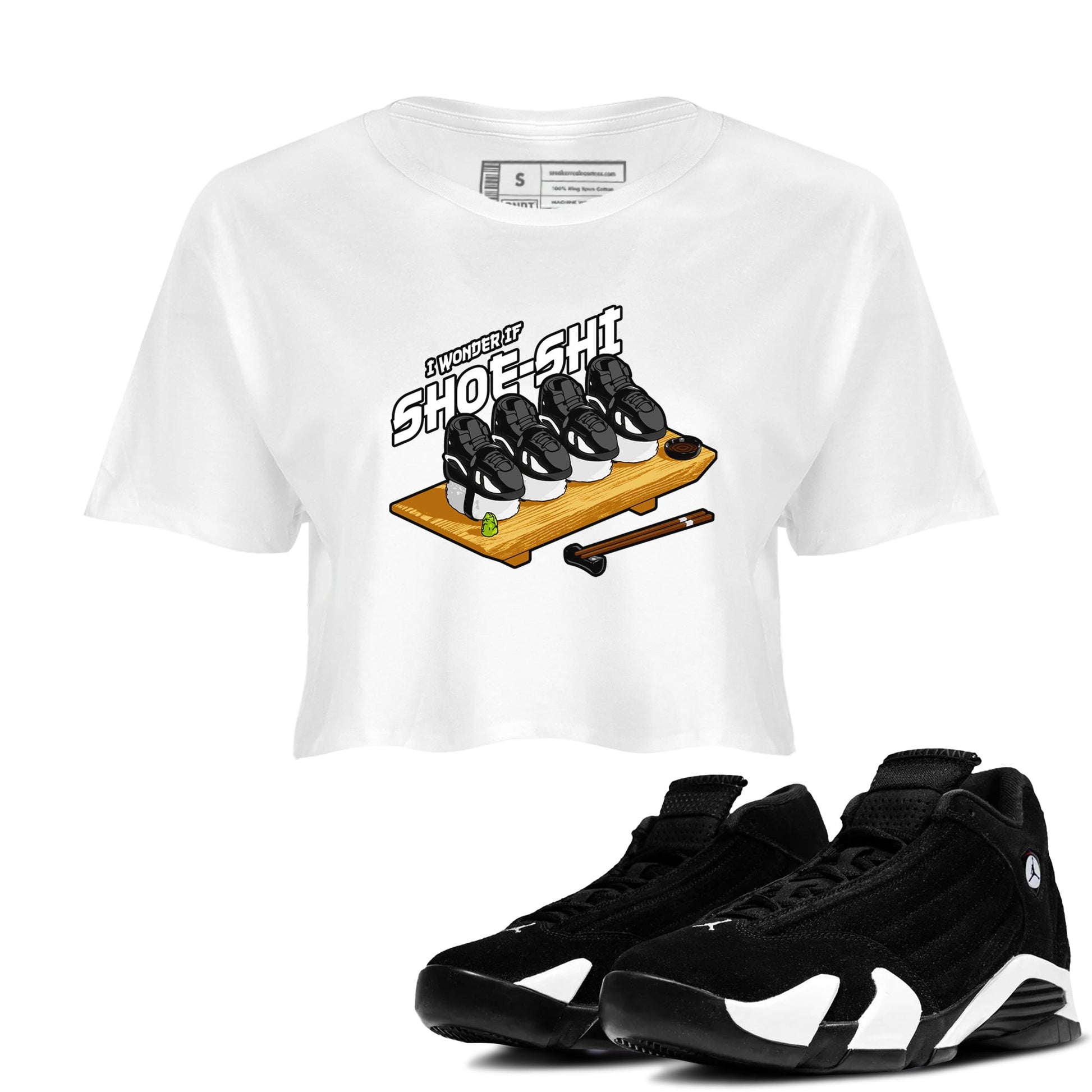 Air Jordan 14 Panda shirt to match jordans Shoe-Shi sneaker tees AJ14 Panda SNRT Sneaker Release Tees White 1 crop length shirt
