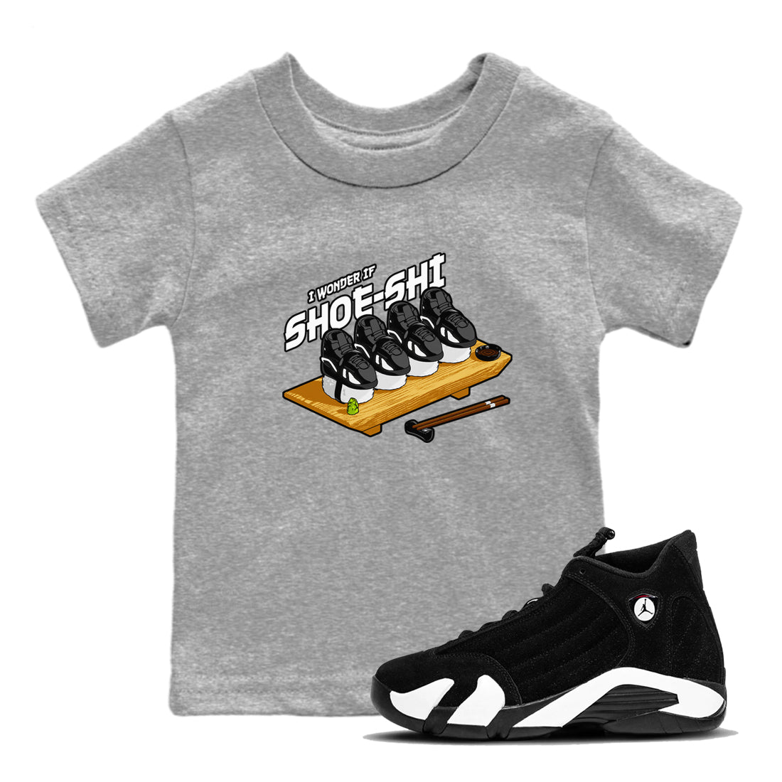 Air Jordan 14 Panda shirt to match jordans Shoe-Shi sneaker tees AJ14 Panda SNRT sneaker release tees baby toddler Heather Grey 1 cotton Shirt