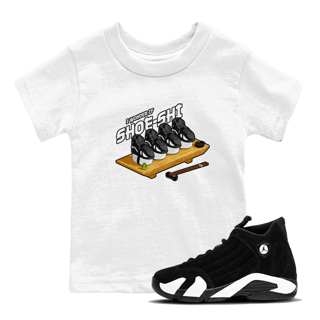 Air Jordan 14 Panda shirt to match jordans Shoe-Shi sneaker tees AJ14 Panda SNRT sneaker release tees baby toddler White 1 cotton Shirt