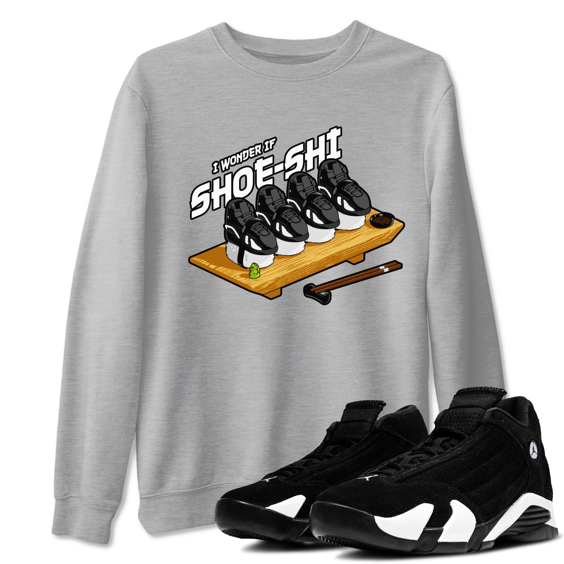 Air Jordan 14 Panda shirt to match jordans Shoe-Shi sneaker tees AJ14 Panda SNRT Sneaker Release Tees unisex cotton Heather Grey 1 crew neck shirt
