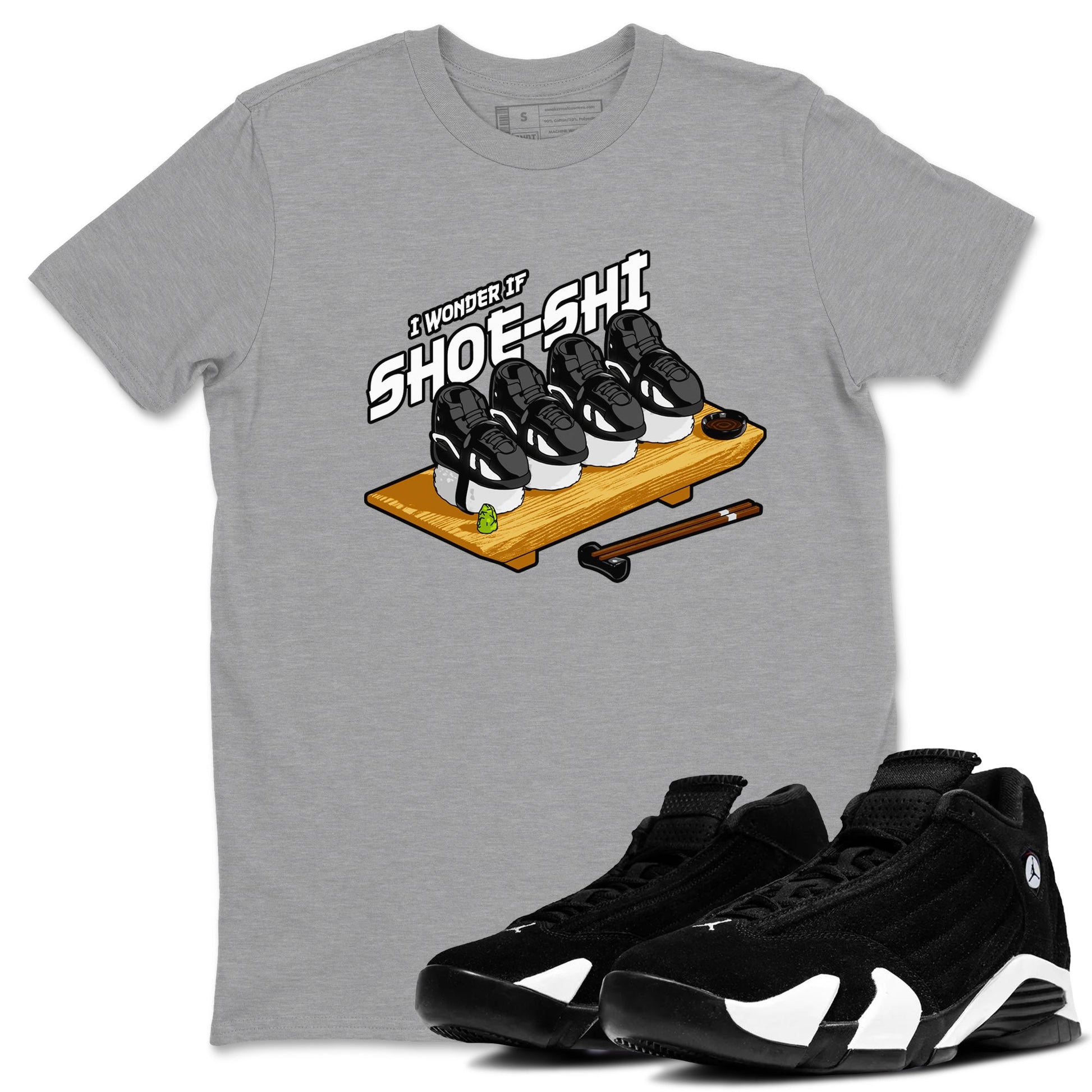Air Jordan 14 Panda shirt to match jordans Shoe-Shi sneaker tees AJ14 Panda SNRT Sneaker Release Tees unisex cotton Heather Grey 1 crew neck shirt