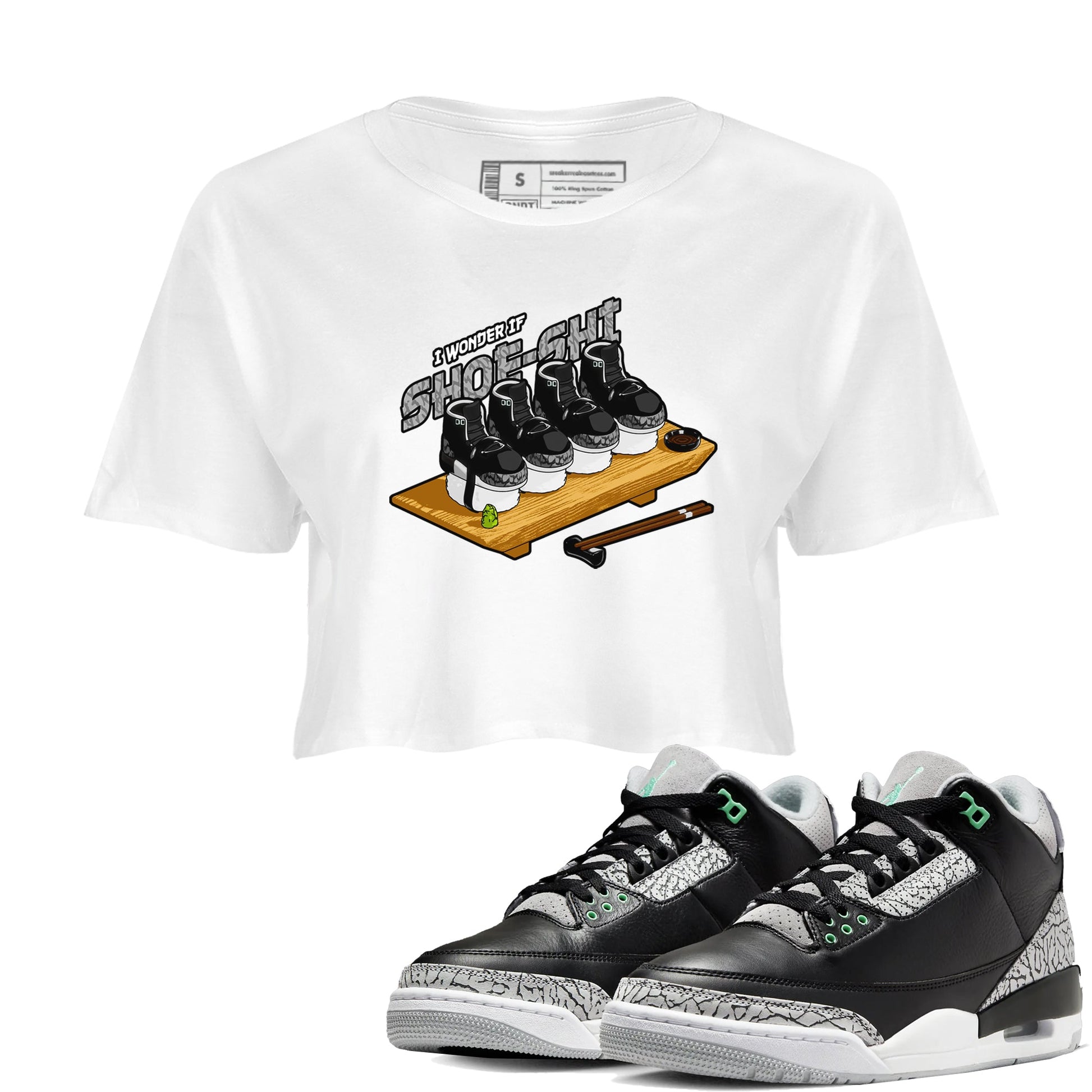 3s Green Glow shirt to match jordans Shoe-Shi sneaker tees Air Jordan 3 Green Glow SNRT Sneaker Release Tees White 1 crop length shirt
