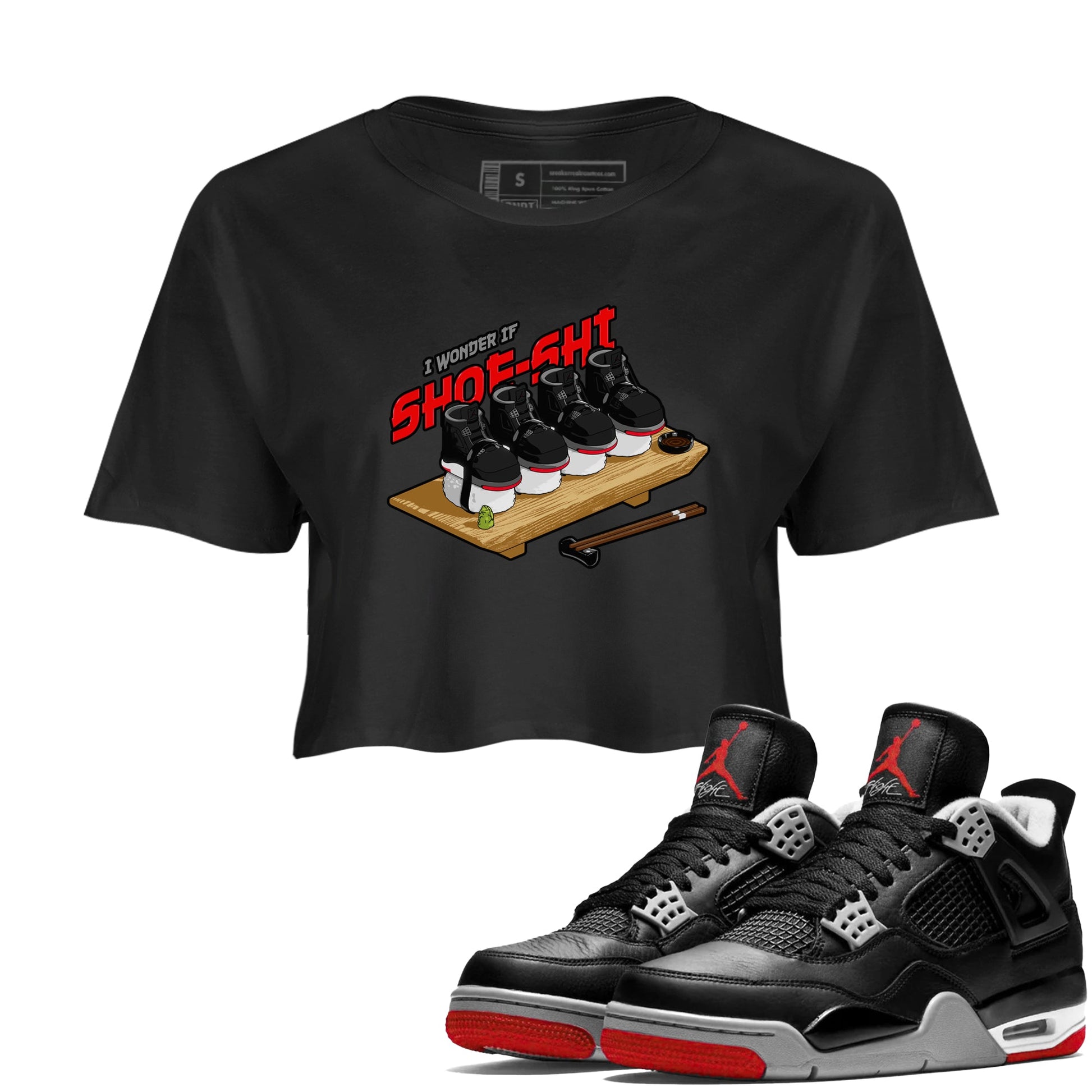 4s Bred Reimagined shirt to match jordans Shoe-Shi sneaker tees Air Jordan 4 Bred Reimagined SNRT Sneaker Release Tees Black 1 Crop T-Shirt