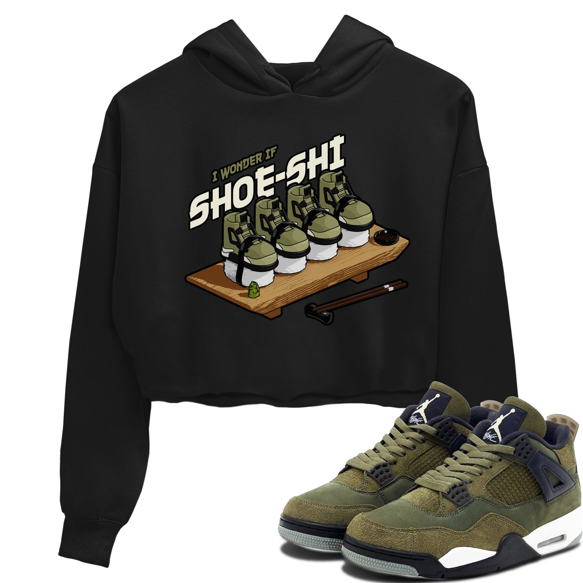 Air Jordan 4 Medium Olive shirt to match jordans Shoe-Shi sneaker tees AJ4 Medium Olive SNRT Sneaker Release Tees Black 1 Crop T-Shirt