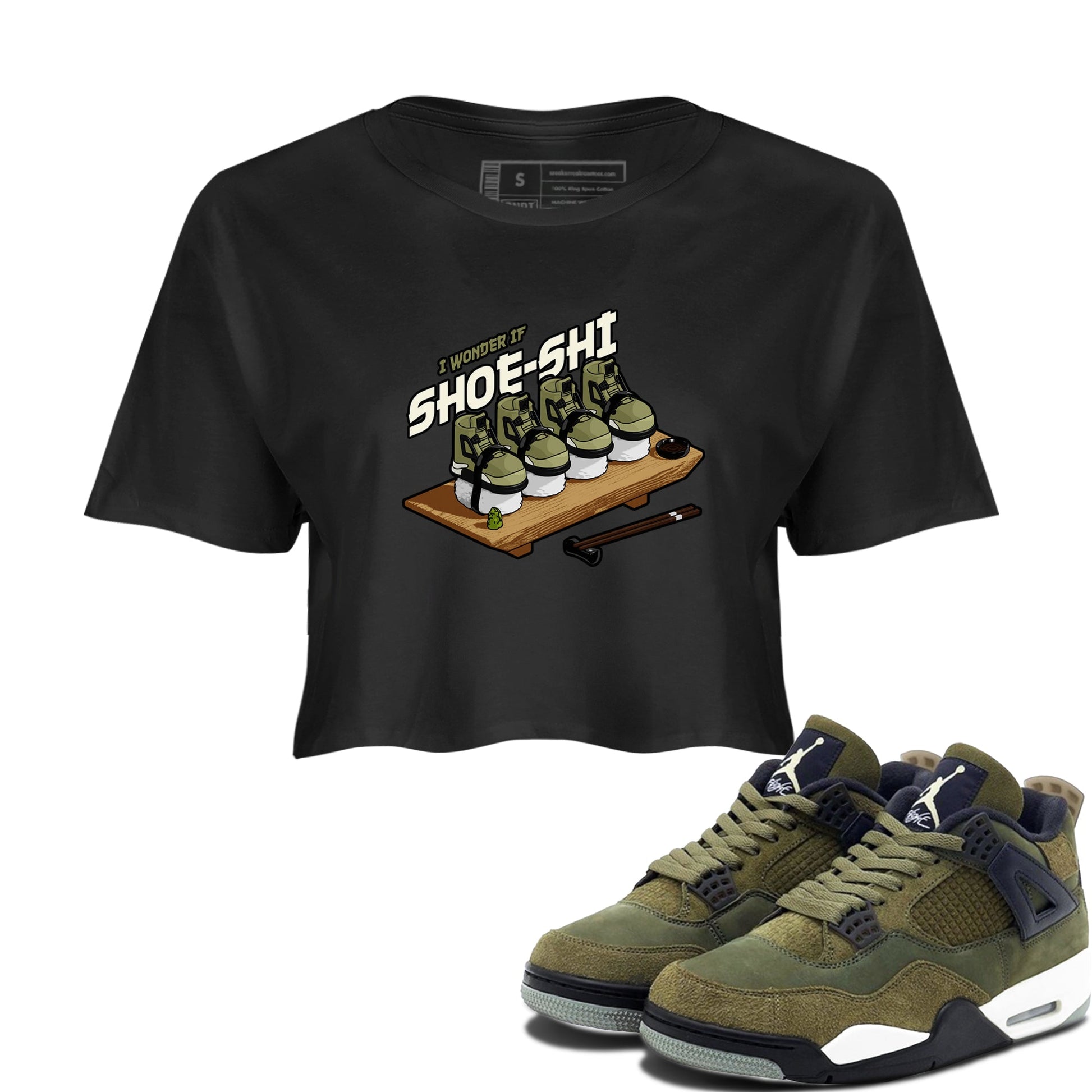 Air Jordan 4 Medium Olive shirt to match jordans Shoe-Shi sneaker tees AJ4 Medium Olive SNRT Sneaker Release Tees Black 1 Crop T-Shirt