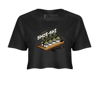 Air Jordan 4 Medium Olive shirt to match jordans Shoe-Shi sneaker tees AJ4 Medium Olive SNRT Sneaker Release Tees Black 2 Crop T-Shirt