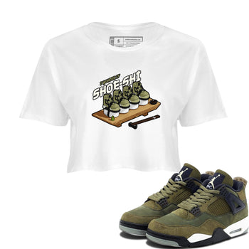 Air Jordan 4 Medium Olive shirt to match jordans Shoe-Shi sneaker tees AJ4 Medium Olive SNRT Sneaker Release Tees White 1 Crop T-Shirt